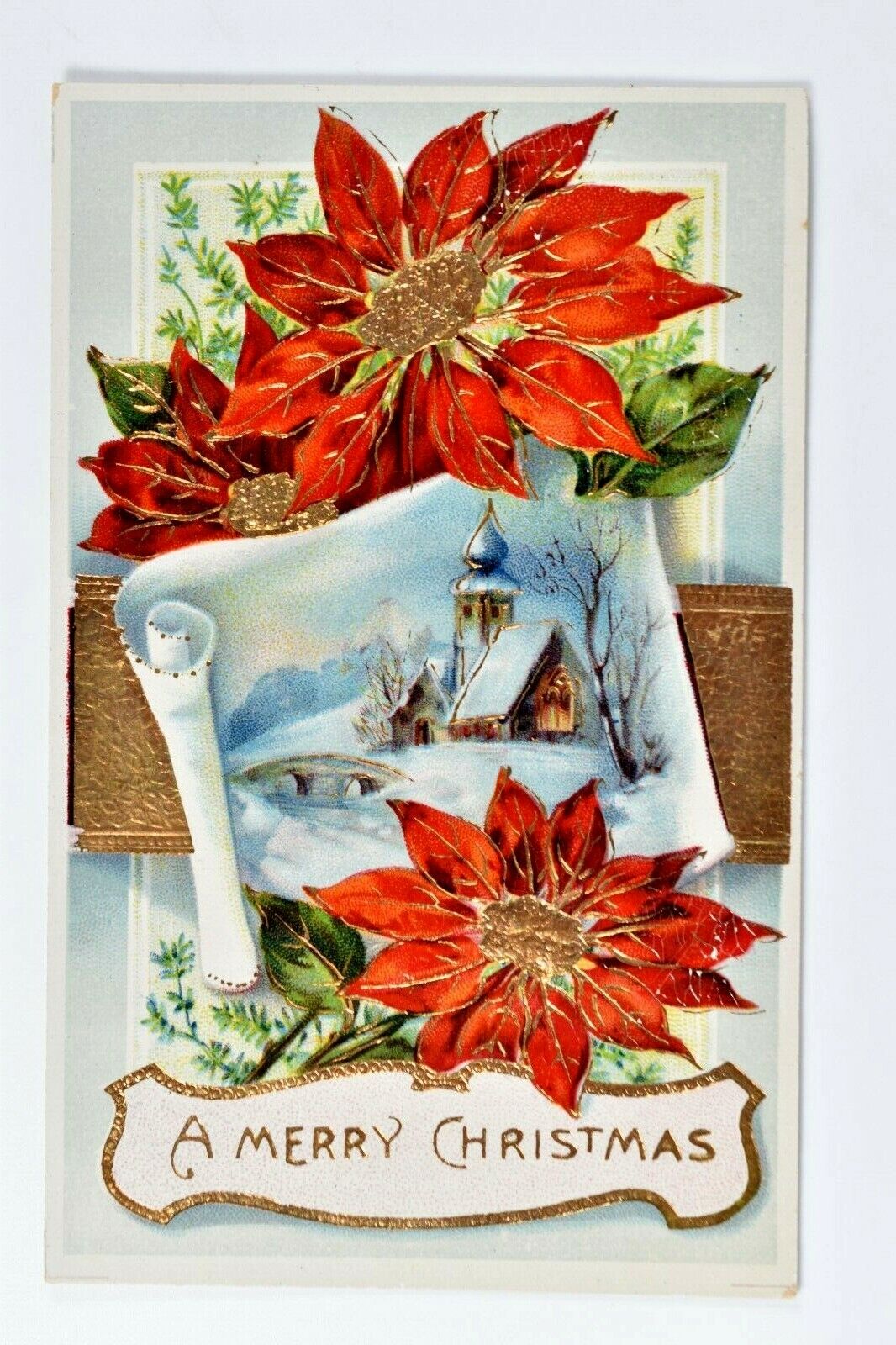 Beautiful Glossy Painted A Merry Christmas Poinsettia Snowy Church Postcard