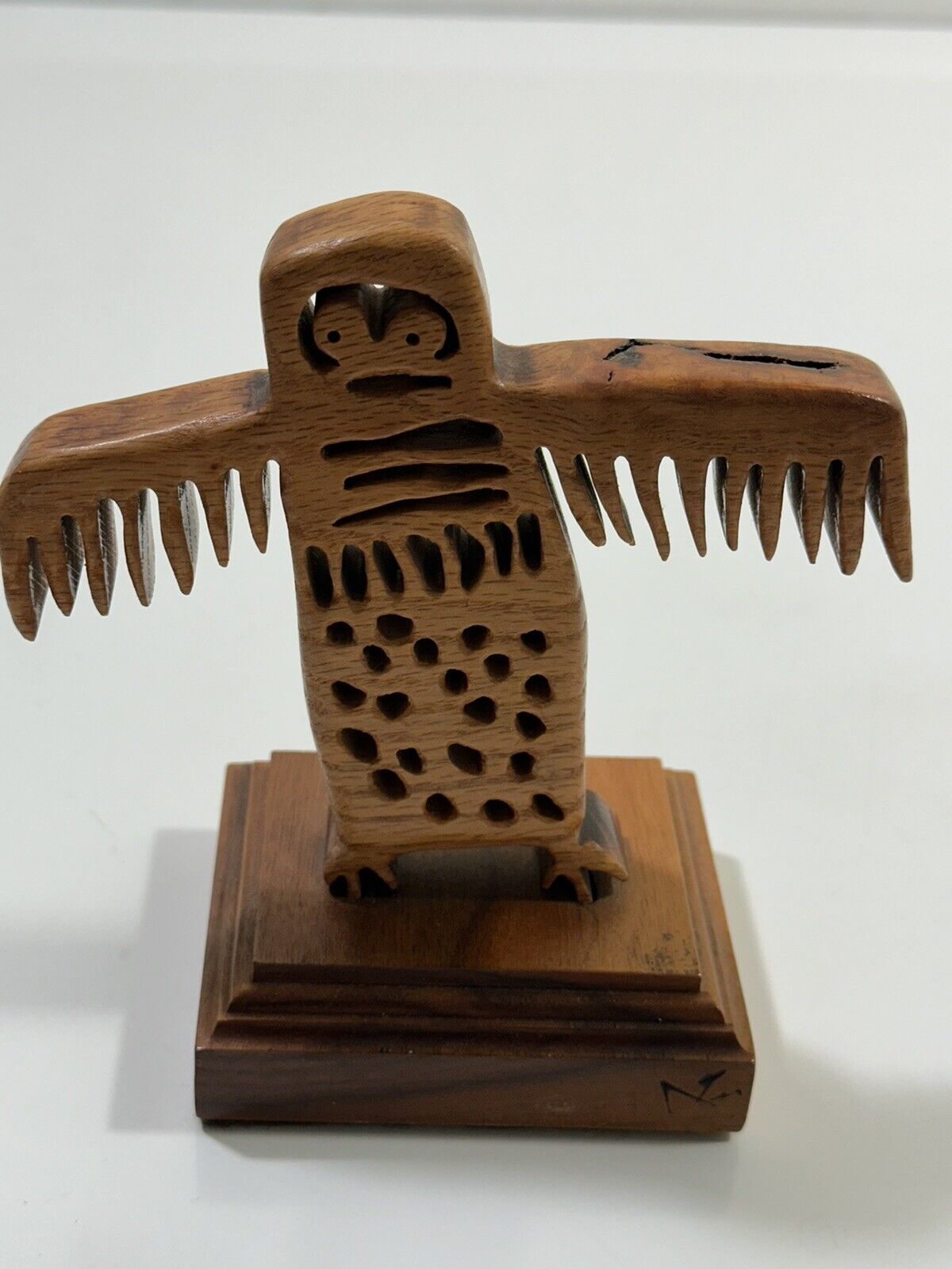 Primitive Tribal Statue Wooden Hand Carved Signed Bird, Owl ?