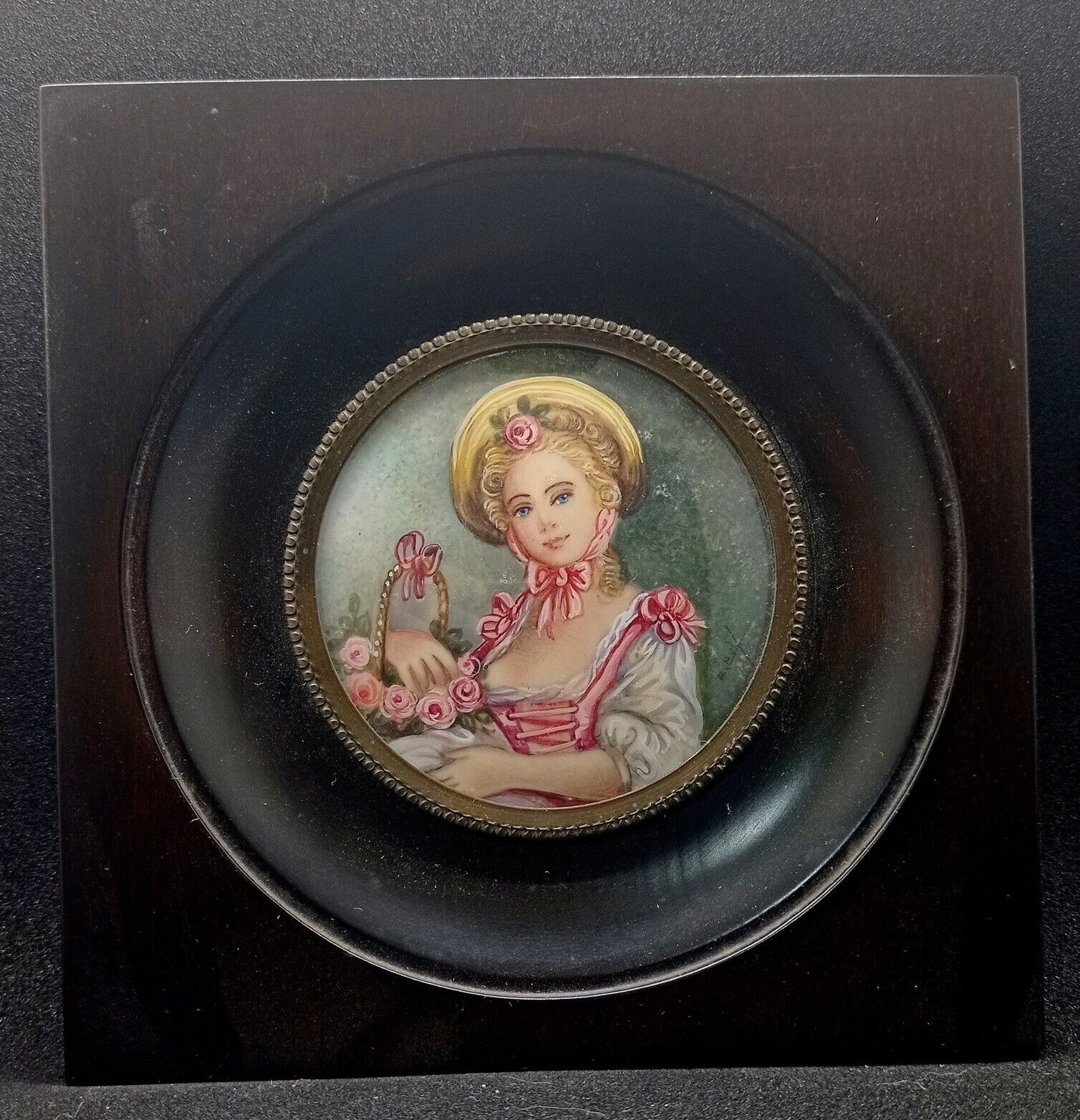 ANTIQUE LOVELY CELLULOID MINIATURE SIGNED HANDPAINTED PORTRAIT PRETTY YOUNG ,