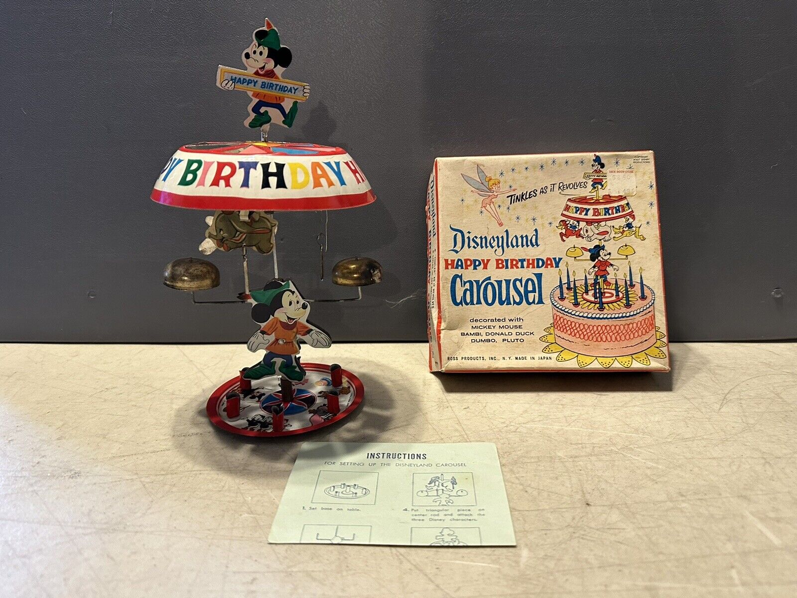 Vintage Disneyland Happy Birthday Carousel Cake Topper Donald Mickey Dumbo Pluto