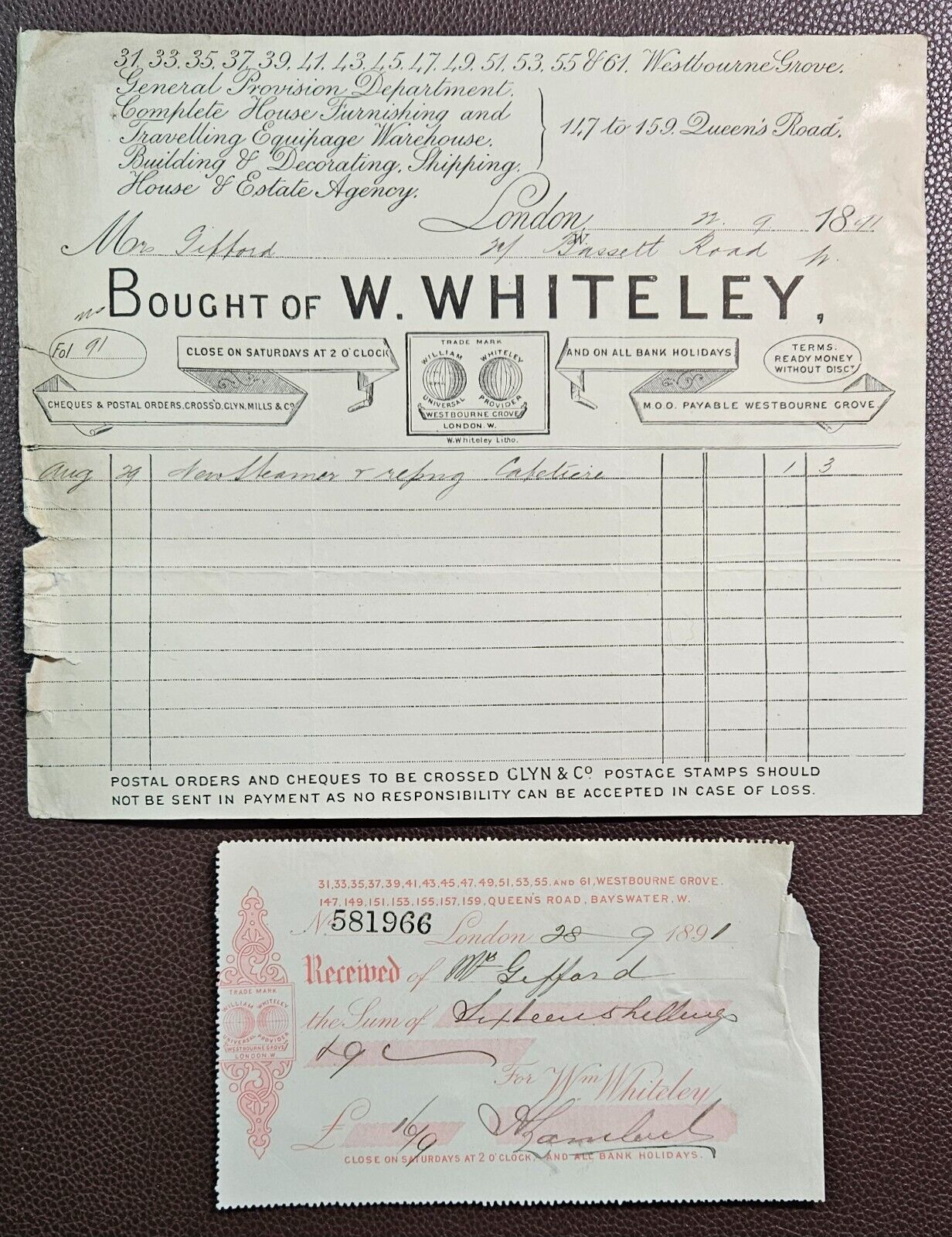 1891 William Whiteley, Department Store, Westbourne Grove, London Invoice