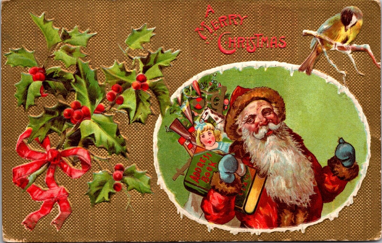 Christmas Postcard Santa Claus Carrying a Bag Full of Toys Holly Bird