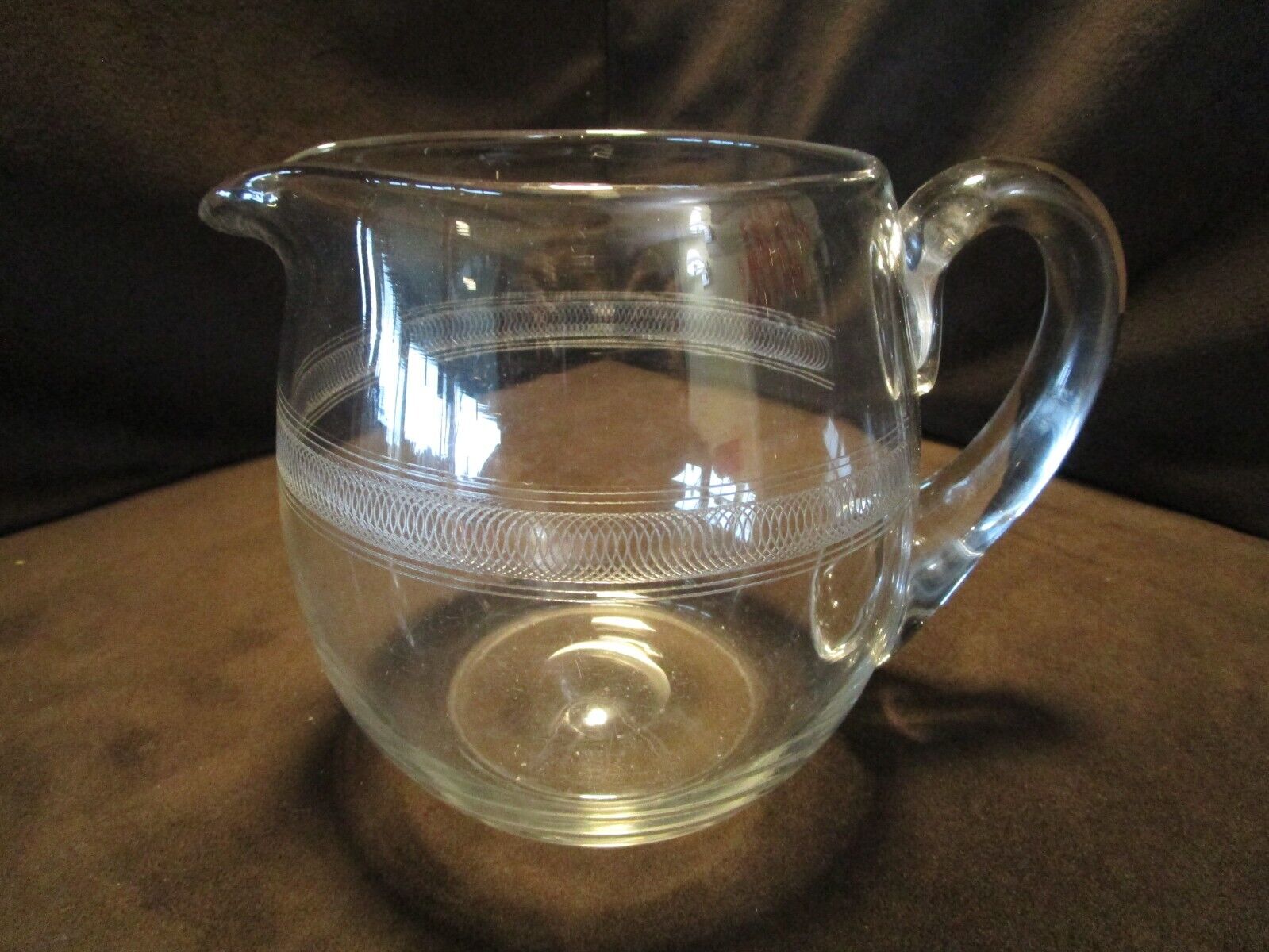 Antique Bryce Glass Ball Jug Pitcher Crystal Needle Etch Loops spirals 6”t 1930s