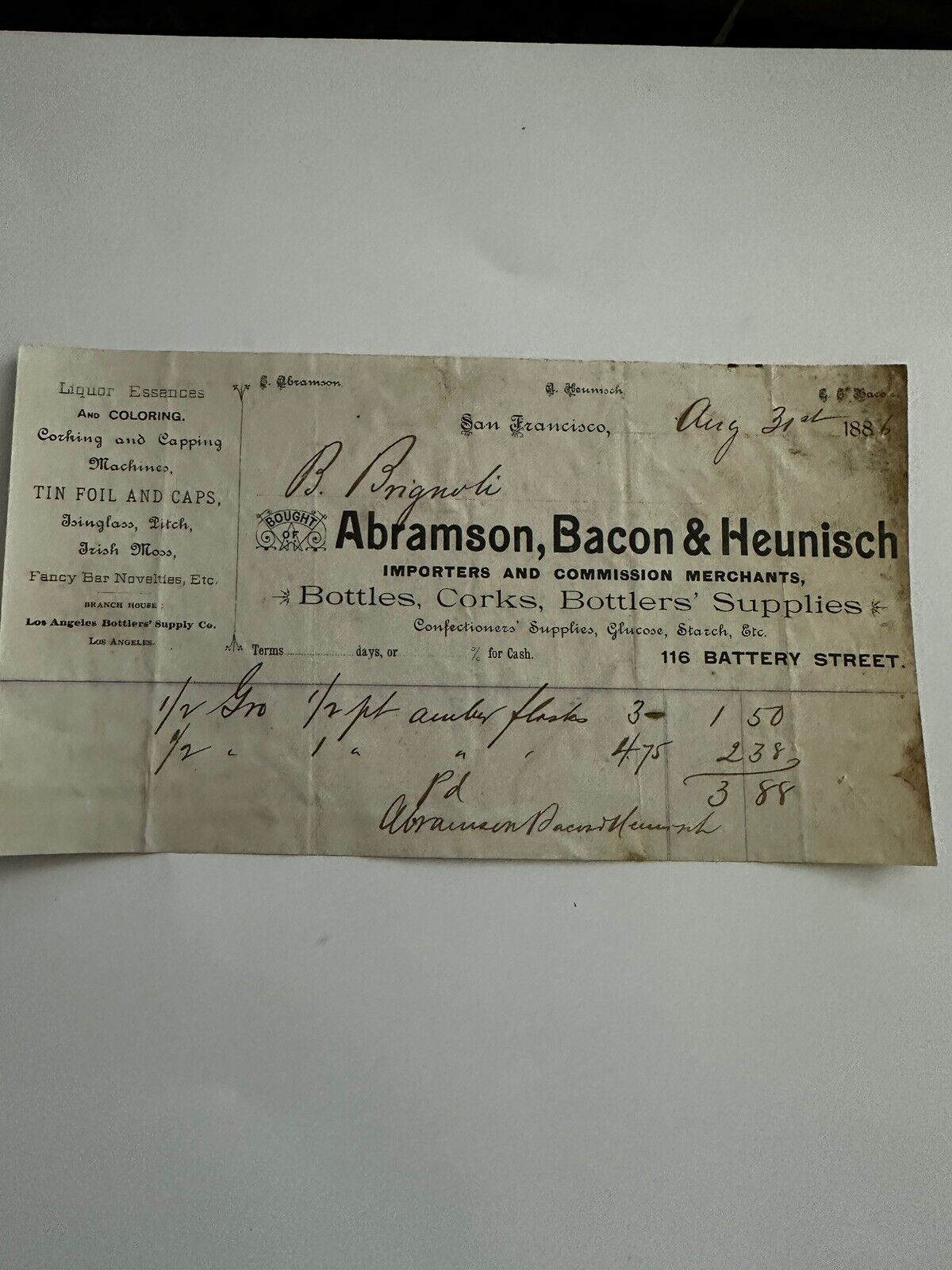 1886 Billhead  San Francisco CA A random Bacon & Heunisch Bottles, Pay In Gold