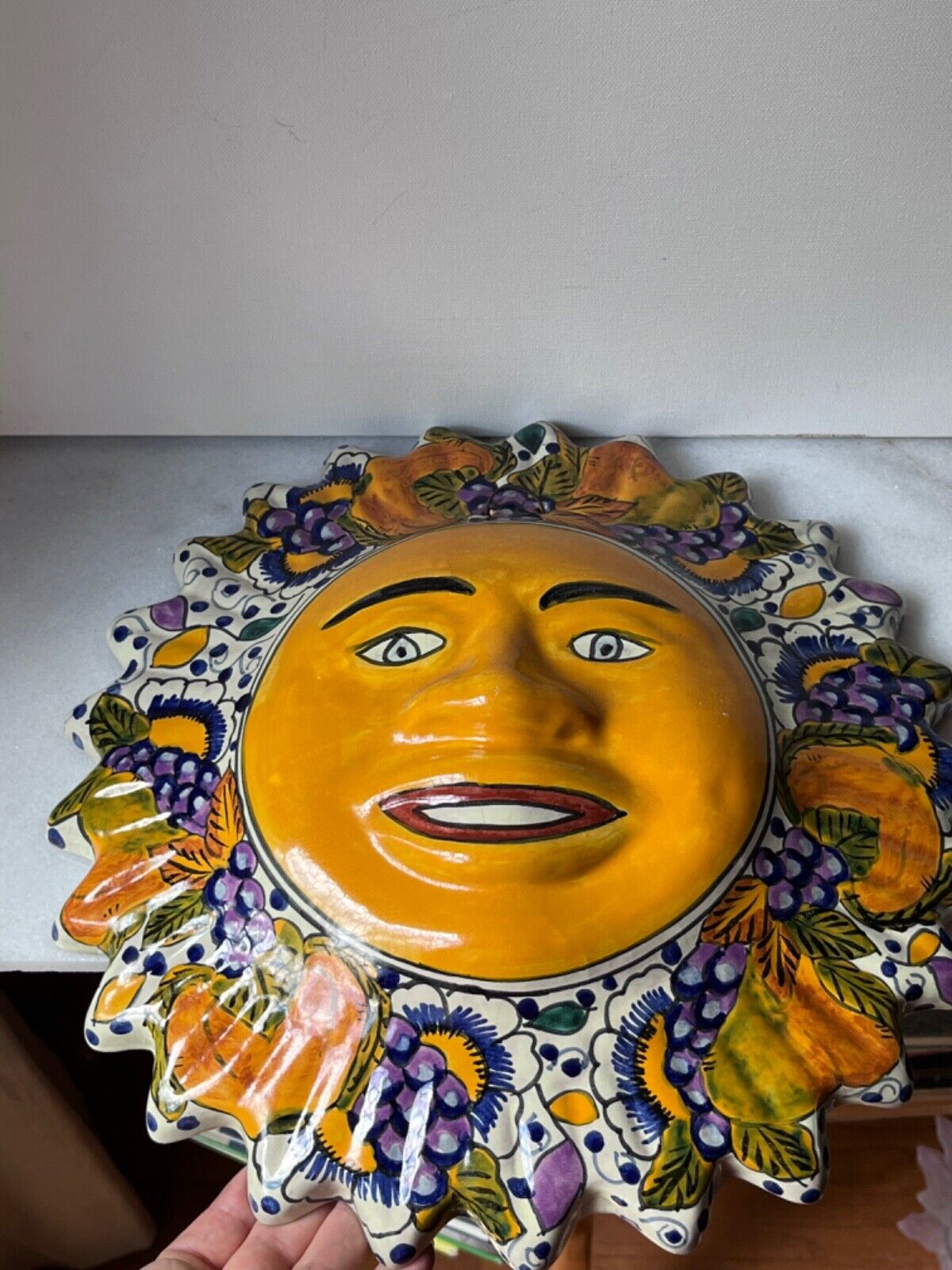 Mexican Hand Painted Pottery Sun Wall Hanging sculpture 13 3/4