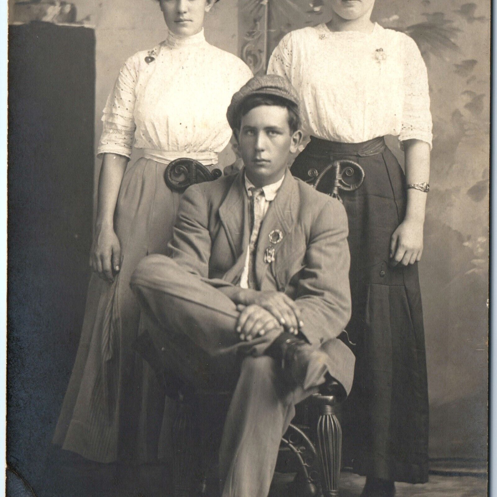 c1910s Dapper Young Man 2 Cute Women RPPC Real Photo Newsboy Hat Pompadour A144