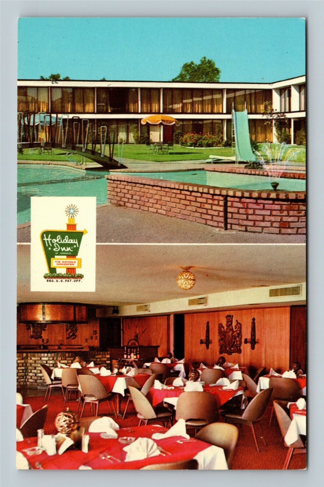 Beaumont TX, Holiday Inn, Pool Slide, Dining Room View, Texas Vintage Postcard