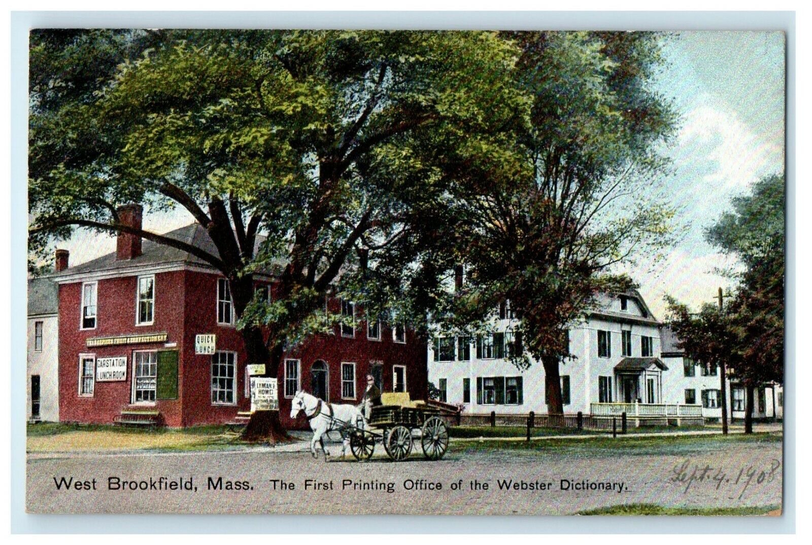 1908 West Brookfield MA, First Printing Office Of Webster Dictionary Postcard