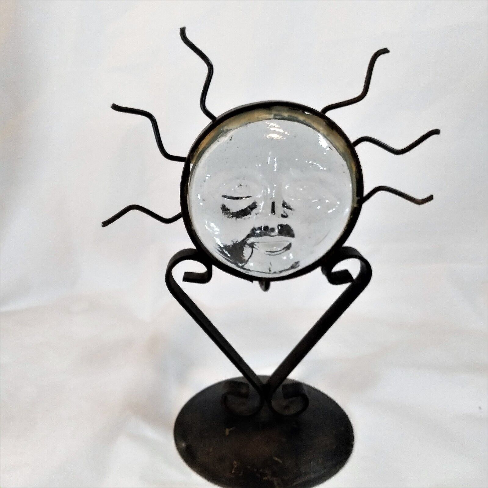 Artisan Distressed Wrought Iron Recycled Thick Art Glass Sun Face Candle Holder