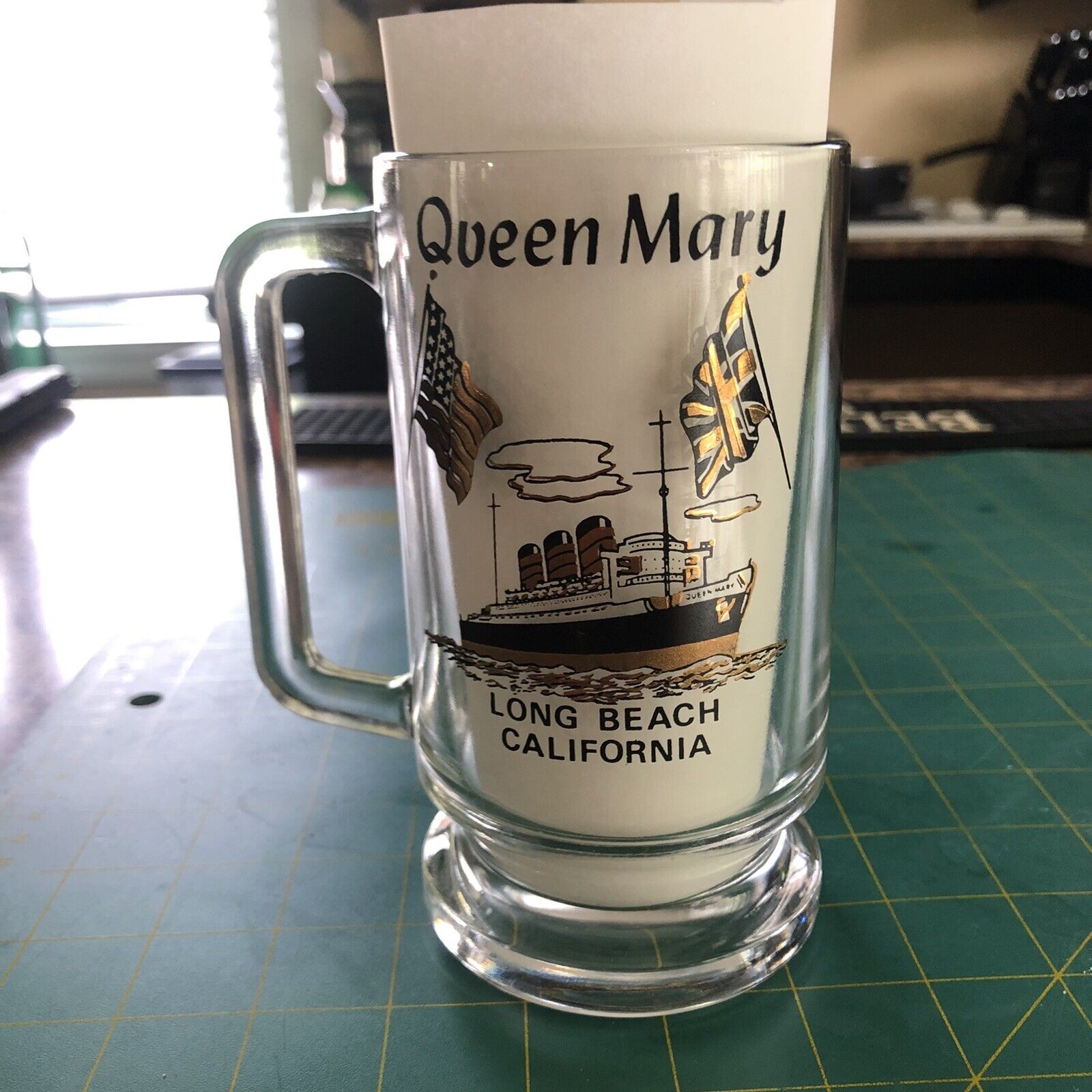 RMS Queen Mary Beer Glass Mug Long Beach California RARE Genuine Vintage