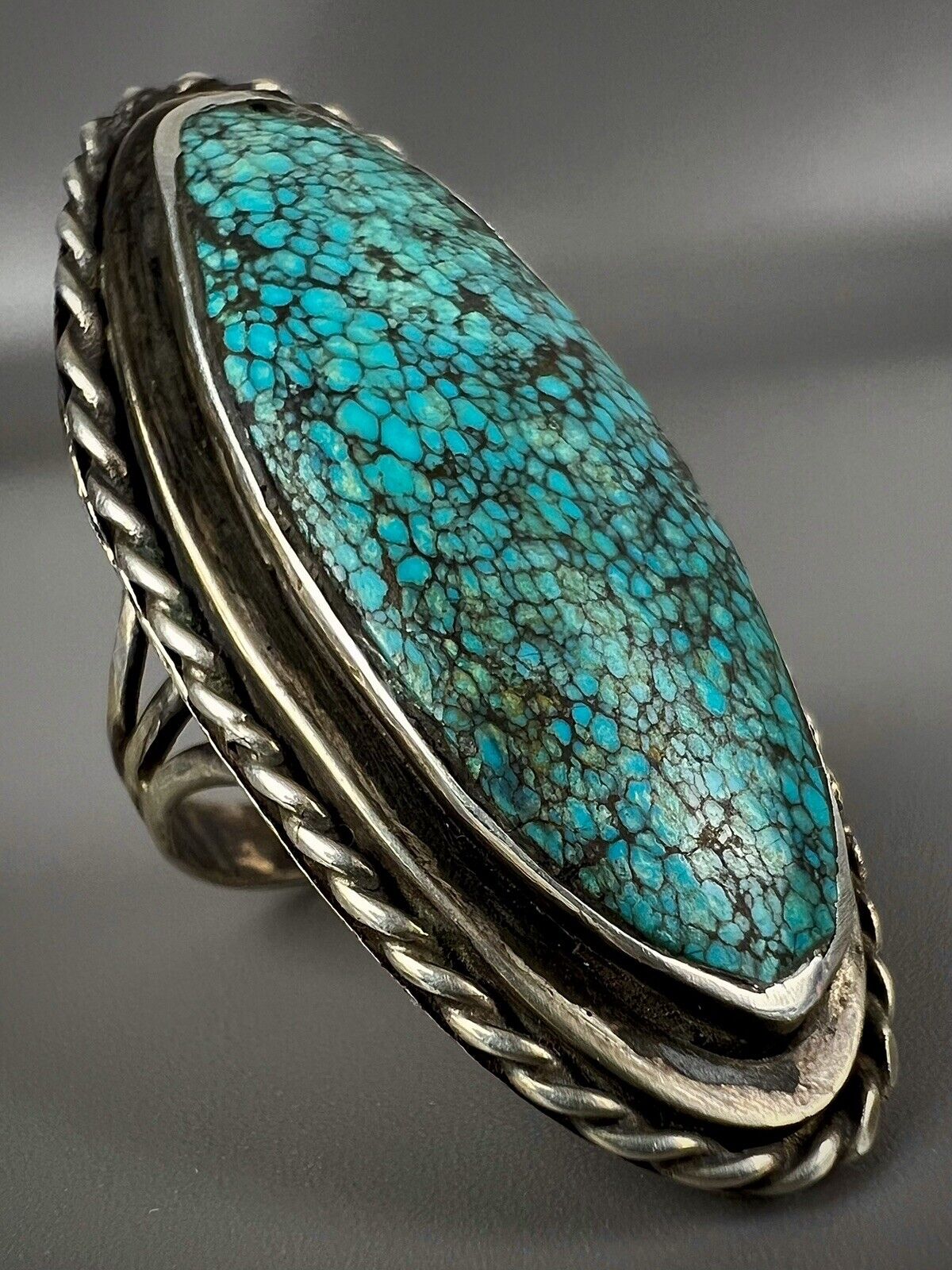 HUGE Vintage Navajo Sterling Silver Gem Grade Spiderweb Turquoise Ring WOW 🤯