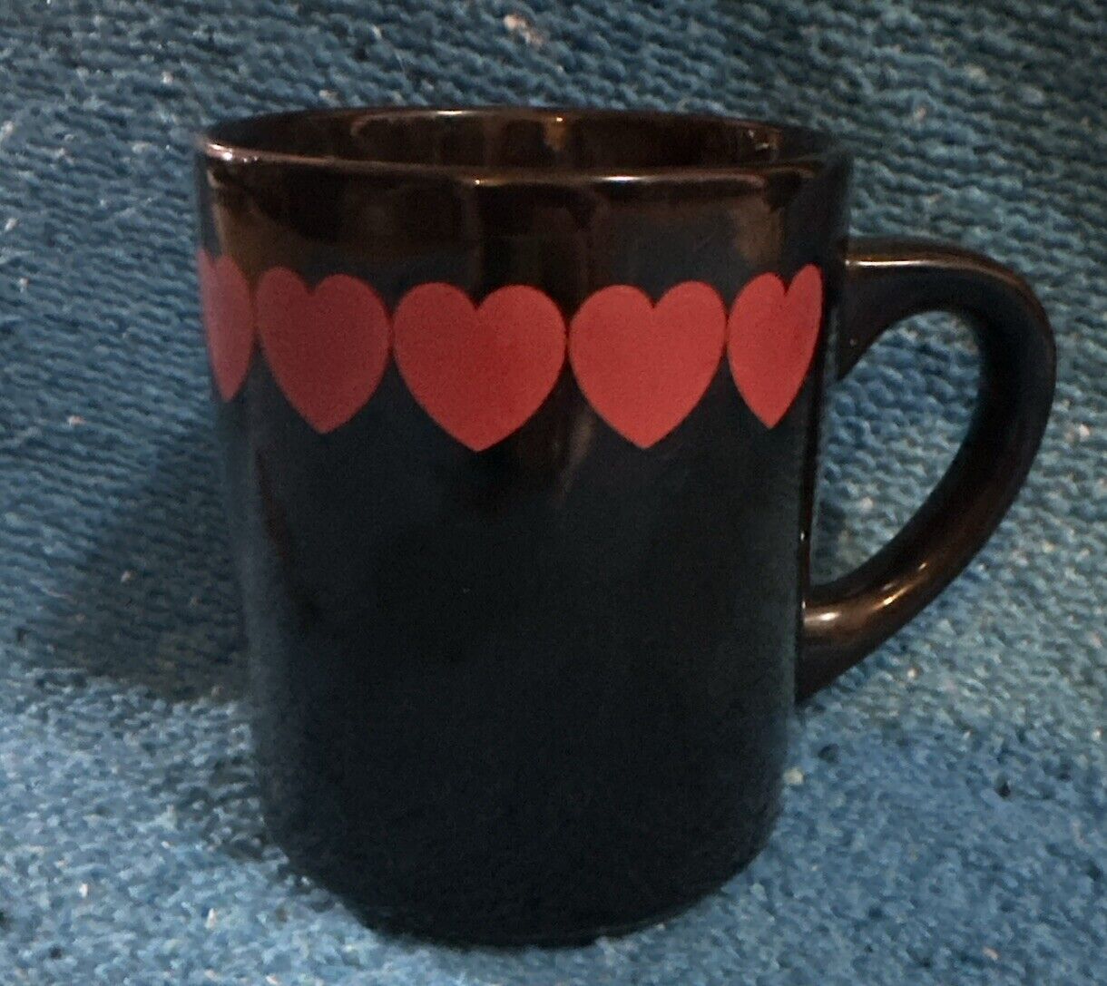 Vintage Valentine\'s 1980\'s Black Ceramic Mug With Red Hearts Made in USA Retro