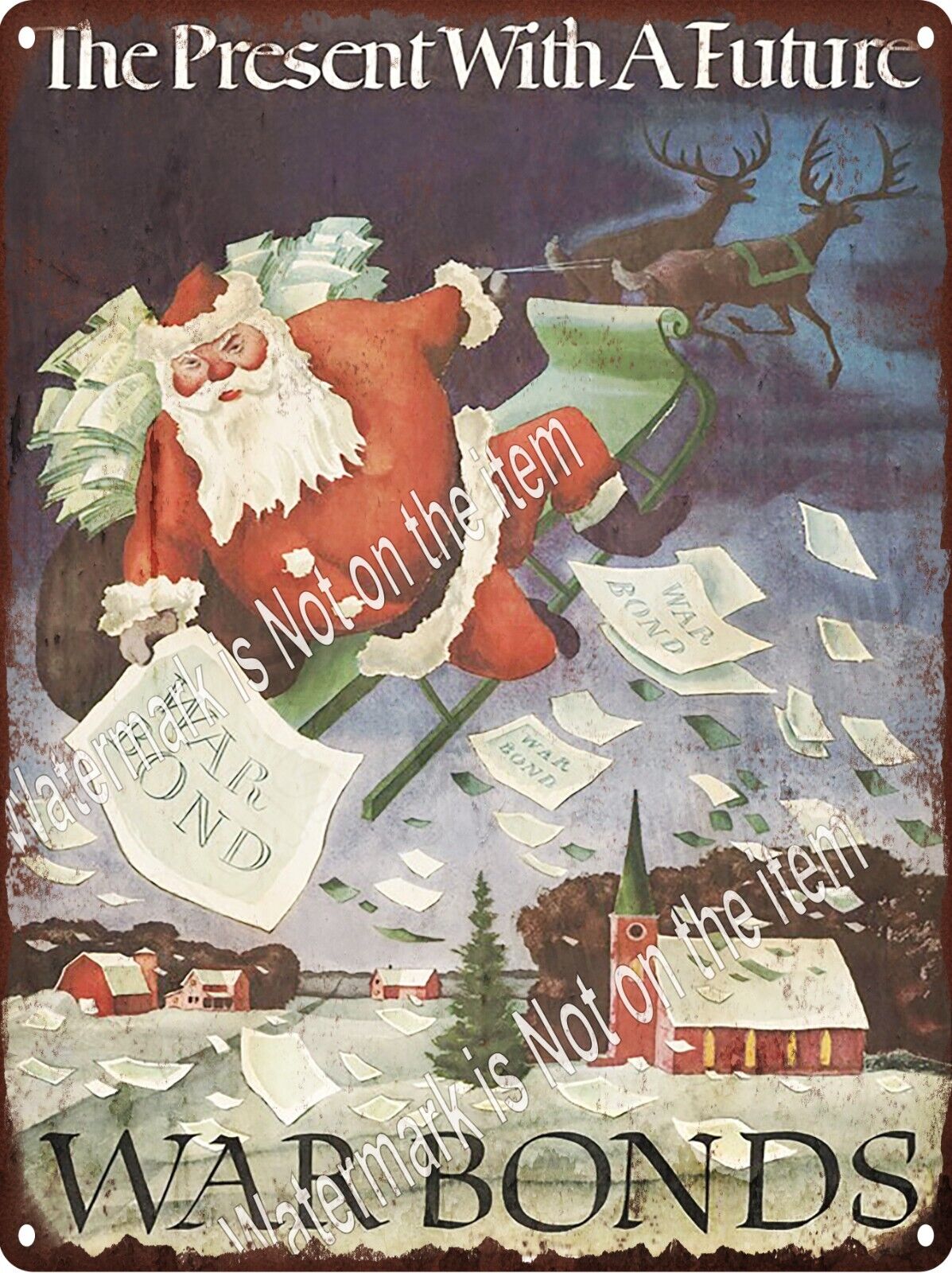 Christmas Tree Santa Seigh Reindeer War Bonds Town Metal Sign 9x12\