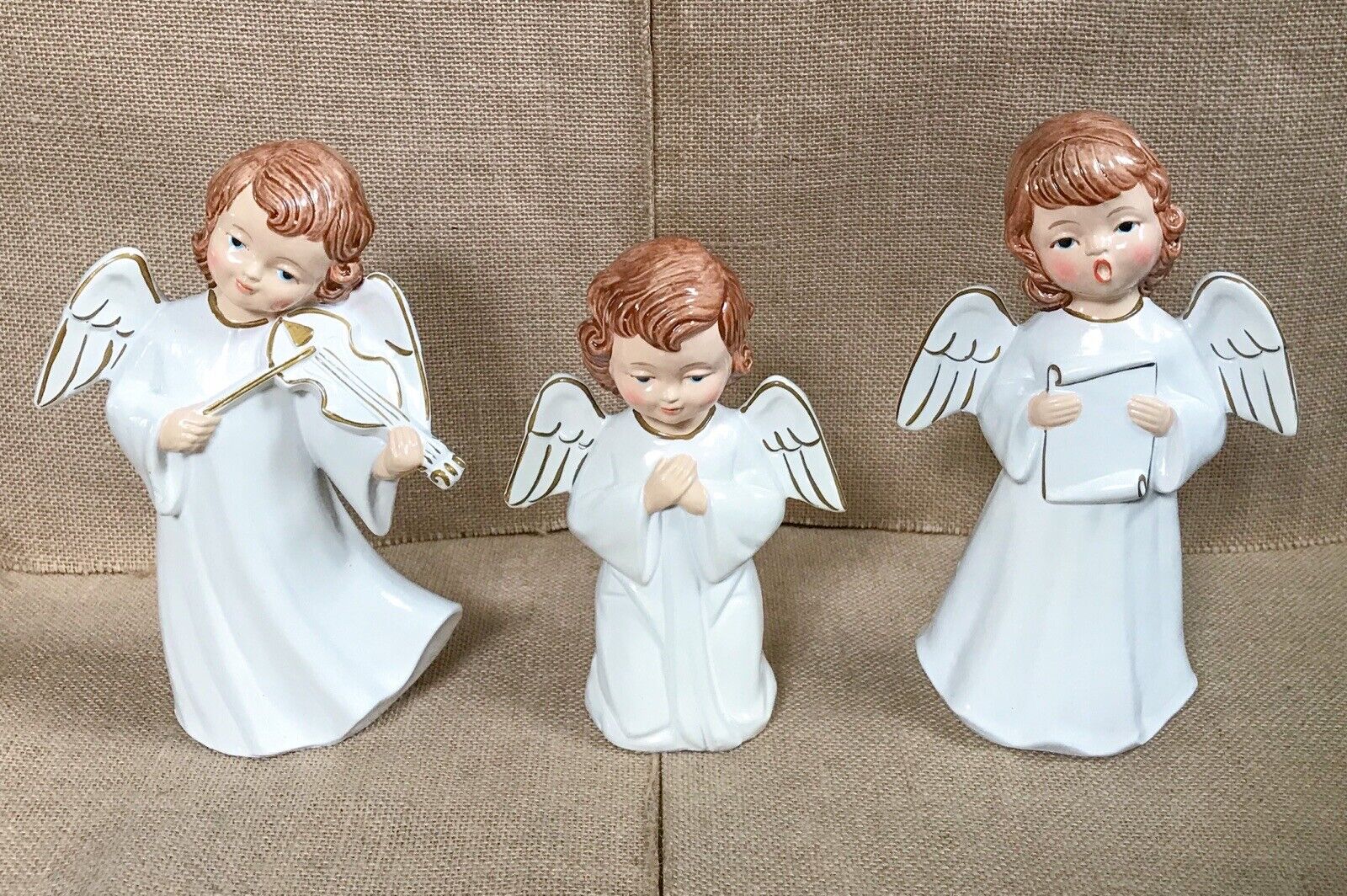 Vintage Ardco Angel Figurine Trio Set Hand Painted Choir Violin Playing Praying
