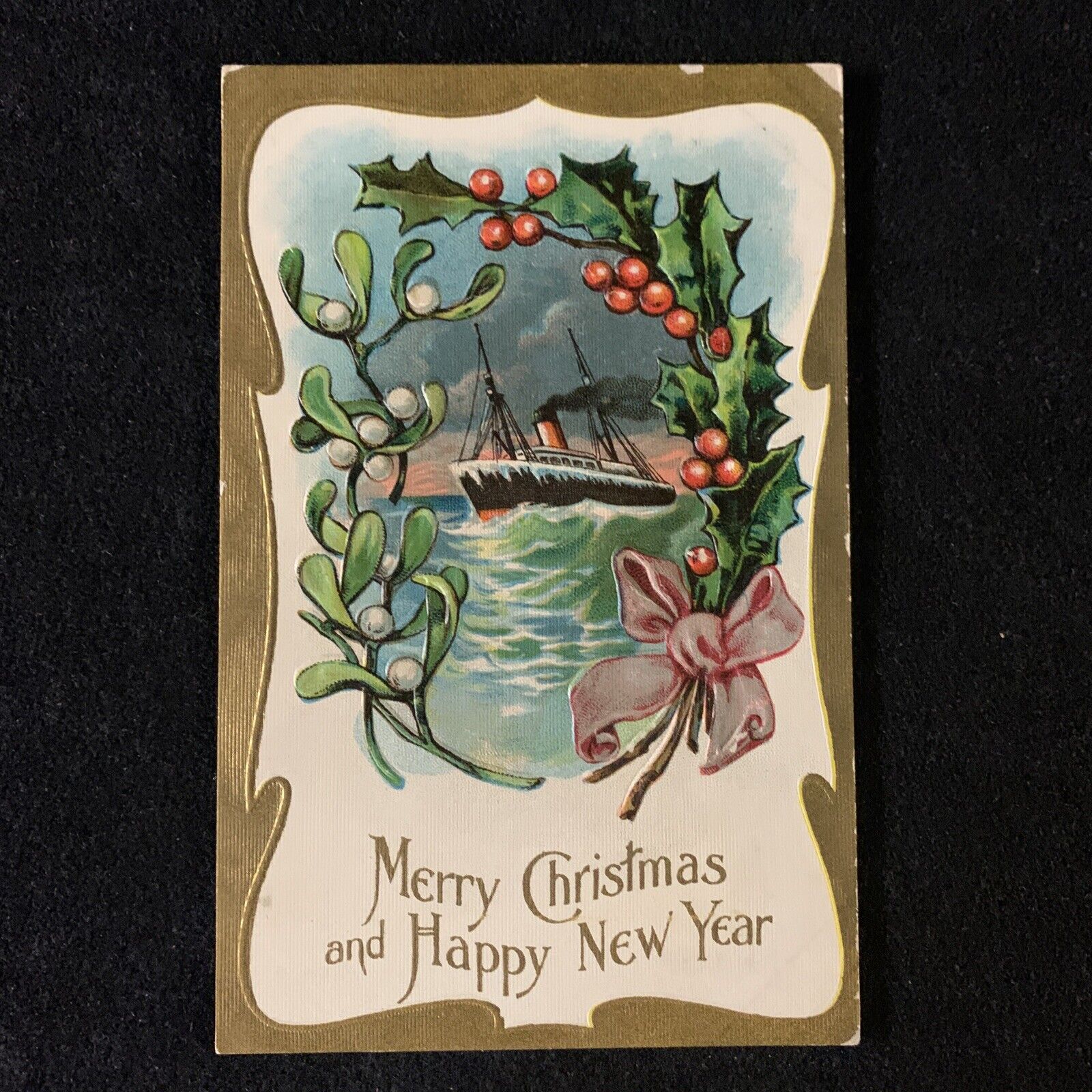 Antique Postcard Xmas- Mistletoe Series Merry Christmas And Happy New Year Ship