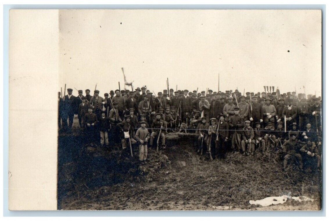 c1910\'s Hunters Huge Hunting Party Coyote Guns Posse View #3 RPPC Photo Postcard