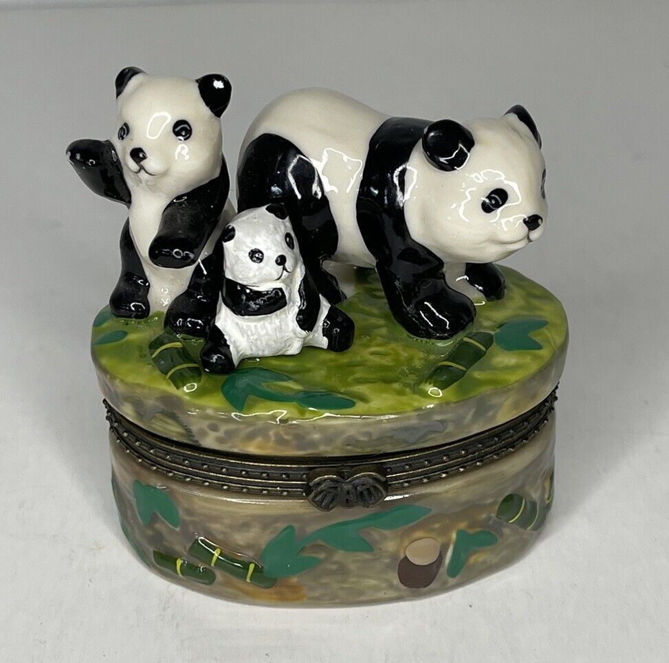 Vintage Panda with Babies Porcelain Zoo Souvenir Trinket Box Hinged Figurine