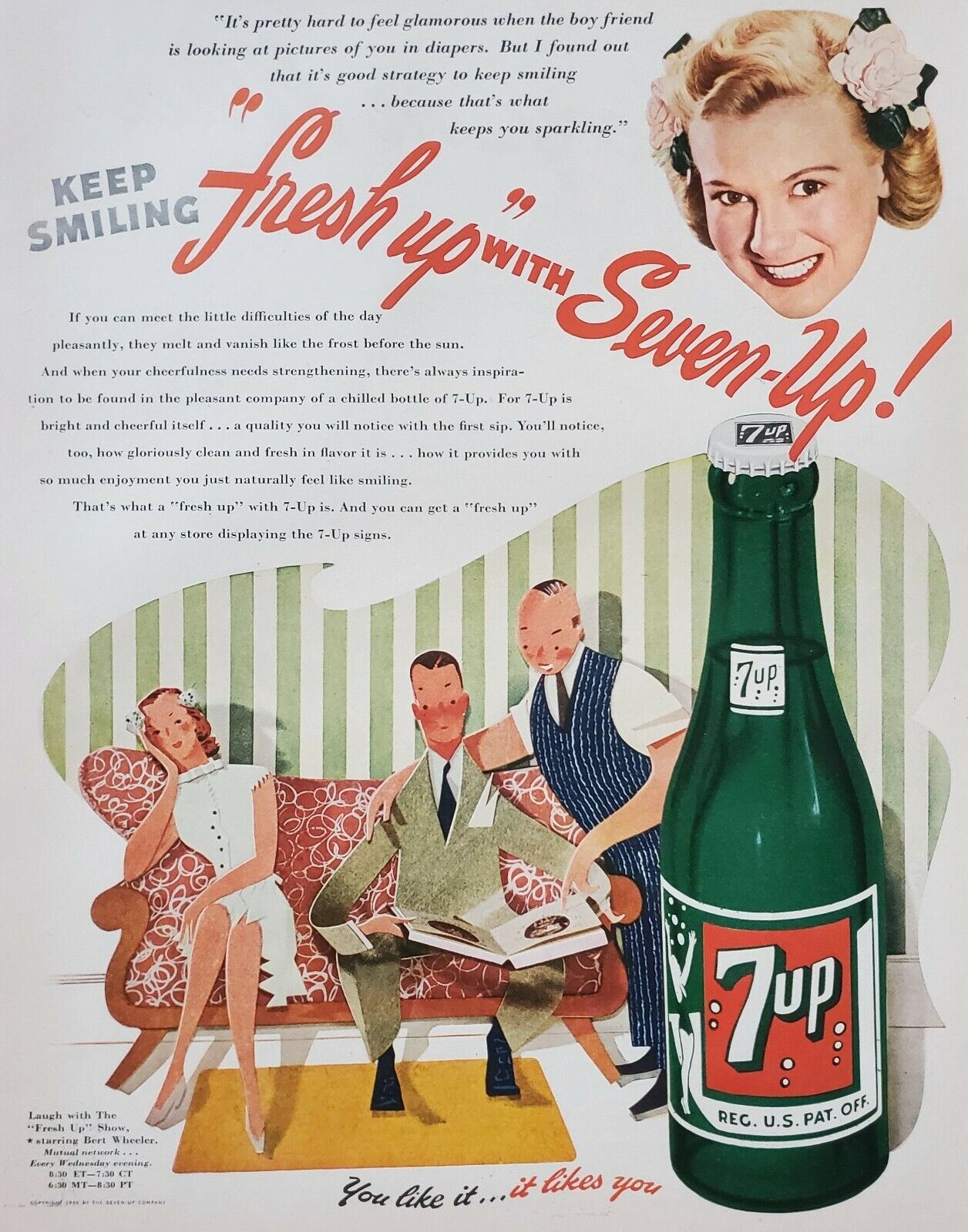 1946 7Up Fresh Up with 7 Seven Up You Like It It Likes You Vintage Print Ad NICE