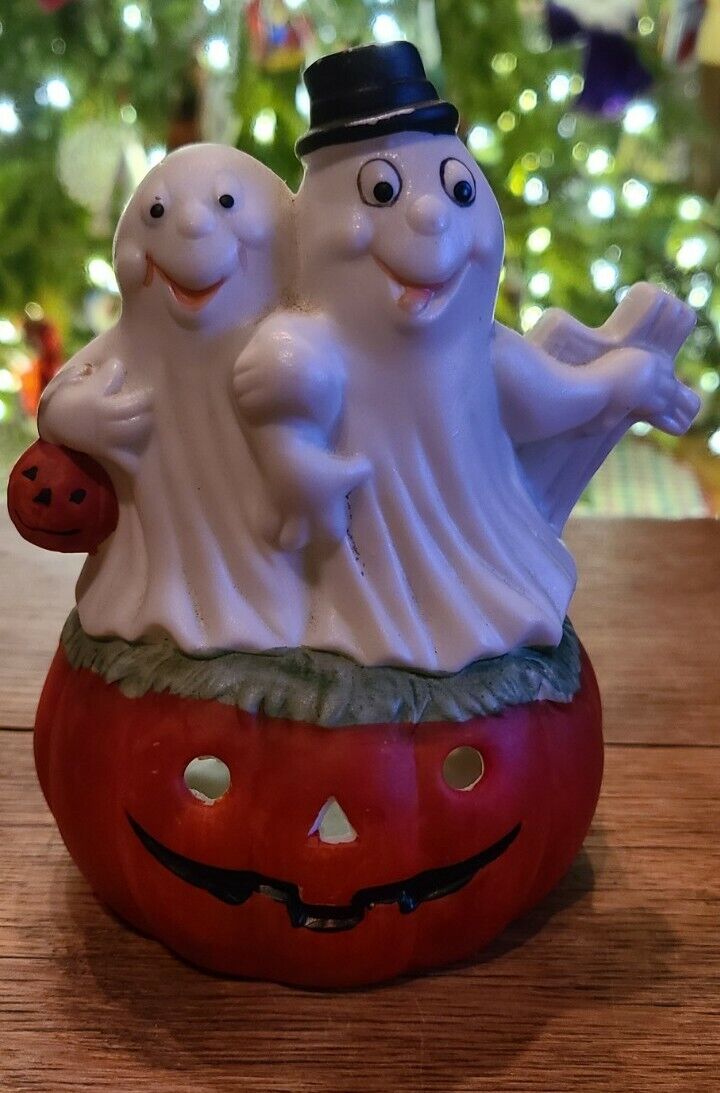 Vintage Porcelain Halloween Ghost Couple in Graveyard on Pumpkin Tealight Holder