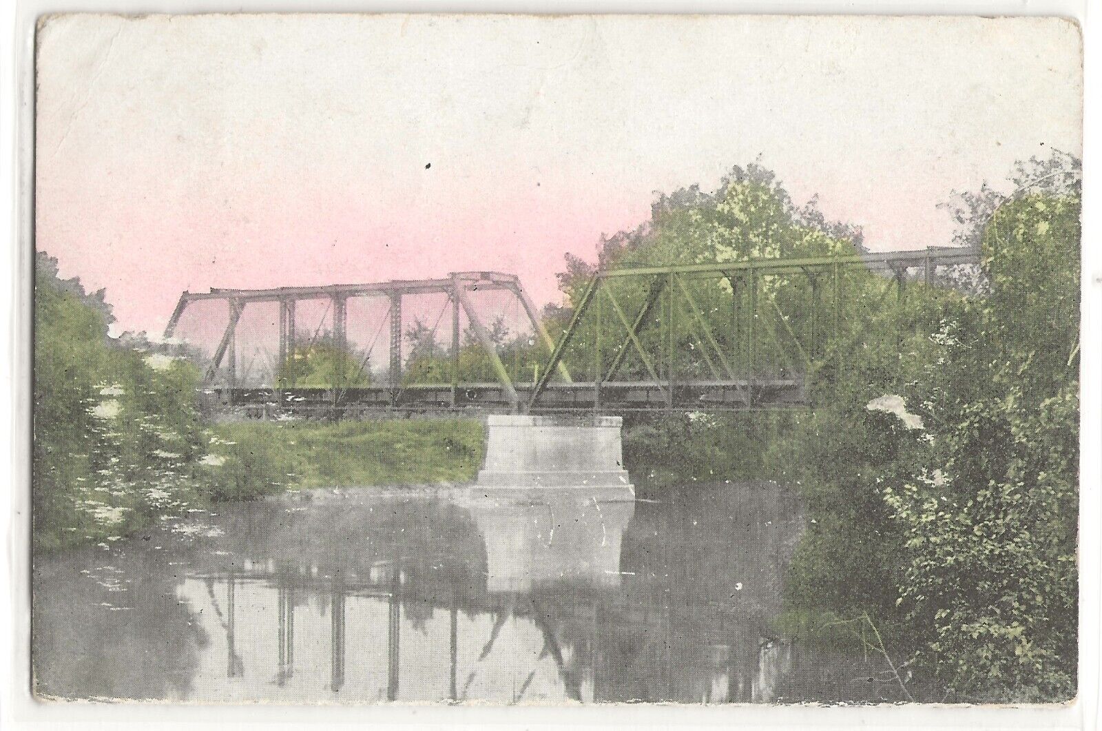 1908 railroad train bridge, Borland, Michigan; postcard, history