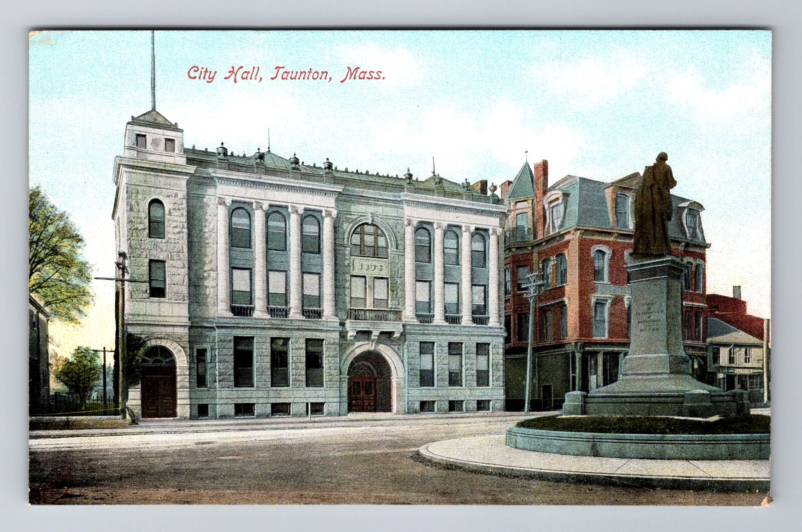 Taunton MA-Massachusetts, City Hall, Statue, Antique Vintage Souvenir Postcard