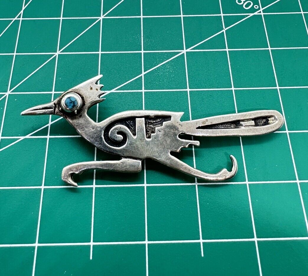 VNT Old Pawn Zuni Native American Sterling Turquoise Roadrunner Pin Brooch 2.75”