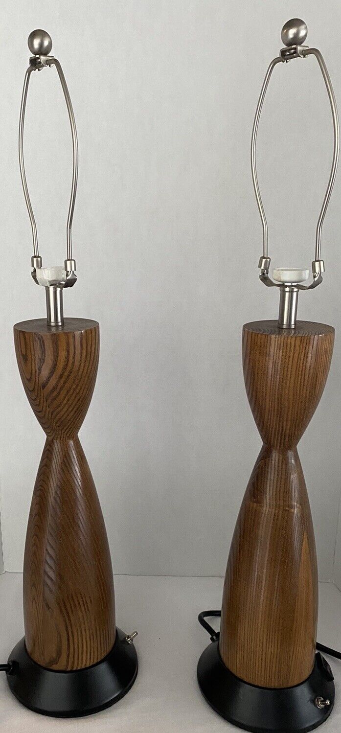 Pair Of Gorgeous Wooden Commercial Lamps MCM With Outlet On Base 