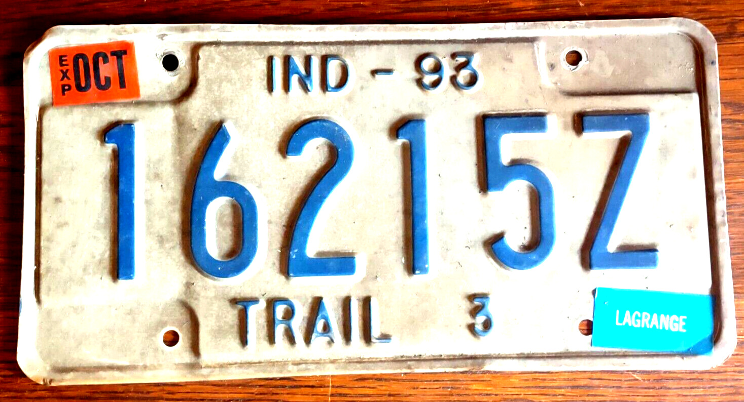 Indiana 1993 Blue on White Metal Expire License Plate Tag 16215Z Trail 3 Trailer