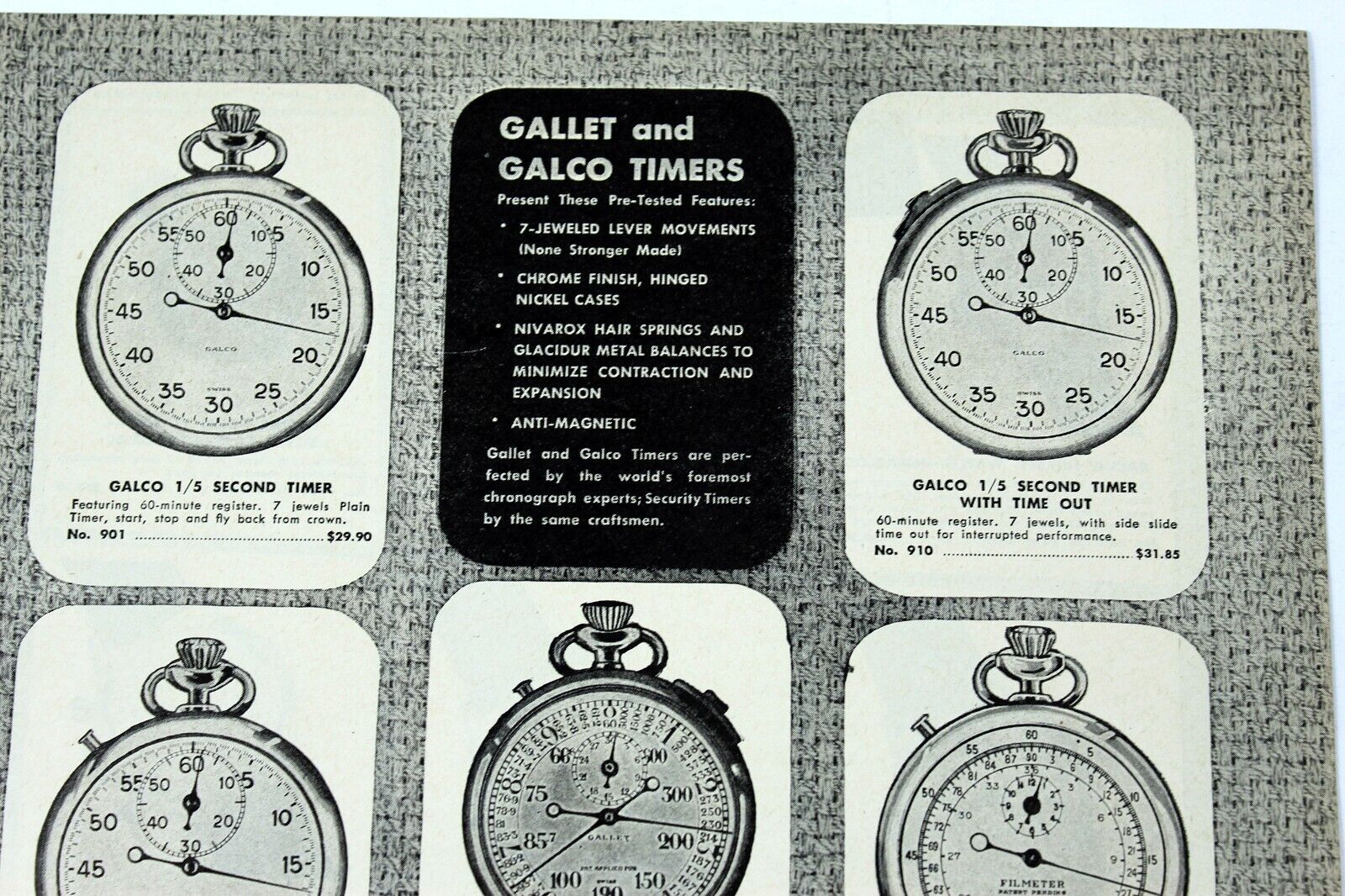Vintage 1952 GALLET and GALCO Timers Print Ad B/W with Prices