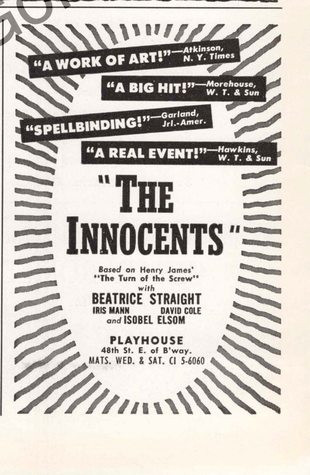 The Innocents with Beatrice Straight Performing at the Playhouse Print Ad 1950
