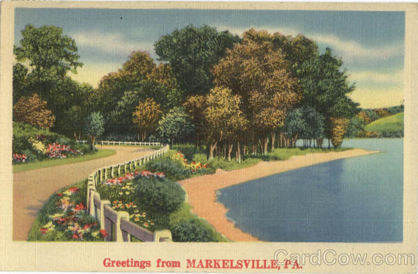 1946 Greetings from Markelsville,PA Perry County Pennsylvania Postcard 1c stamp