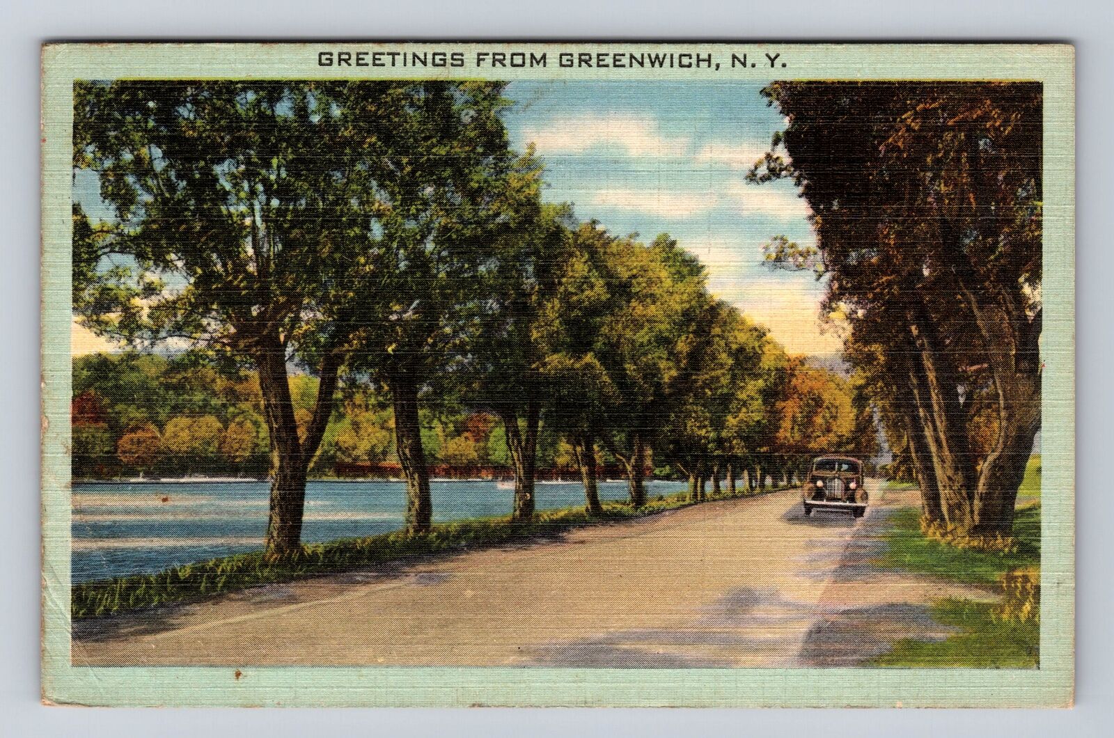 Greenwich NY-New York, Greetings Scenic Roadway 30\'s Car, Vintage c1942 Postcard