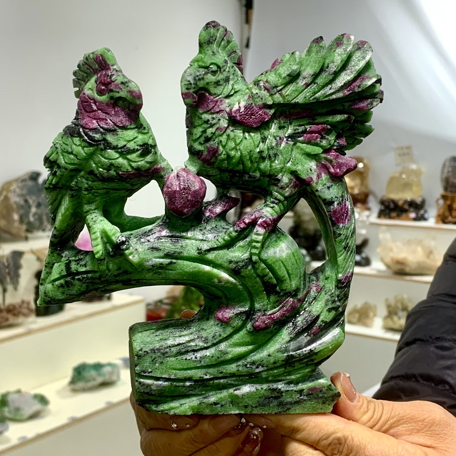 2.98LB Natural green ruby zoisite (anylite) hand carved bird crystal therapy