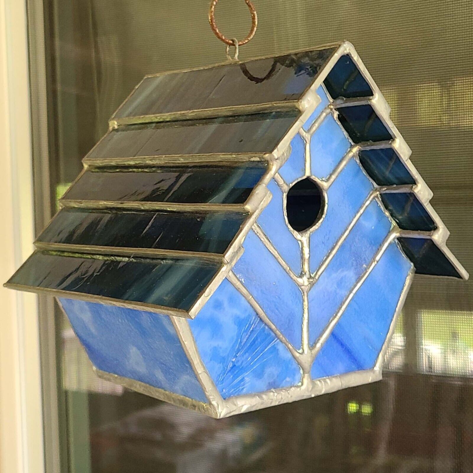 Large Blue Marbled Leaded Stained Glass Bird House 7\