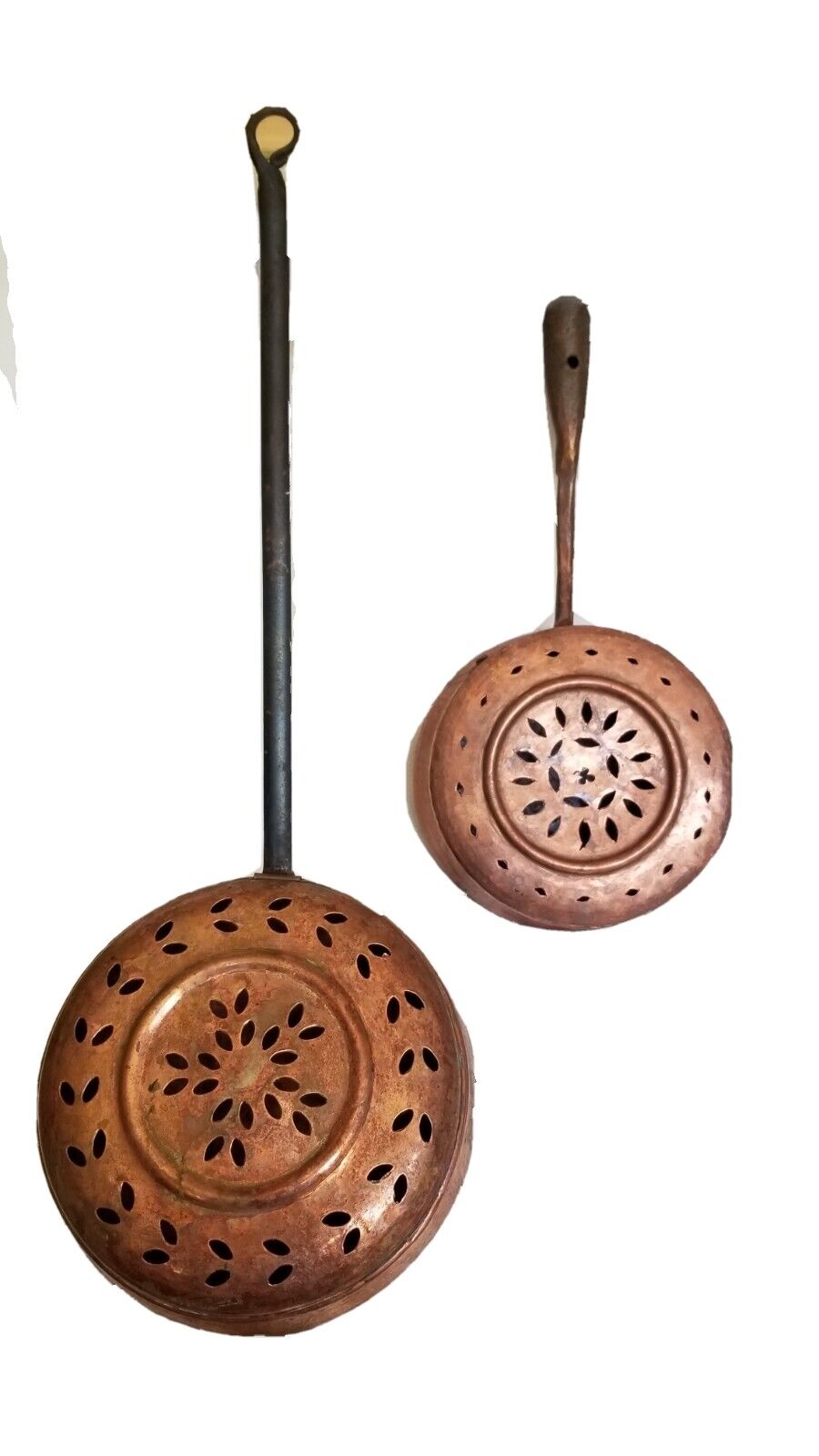 Two Antique Rustic Hammered Copper Hanging Bedwarmer Pots. Ornate & Handmade