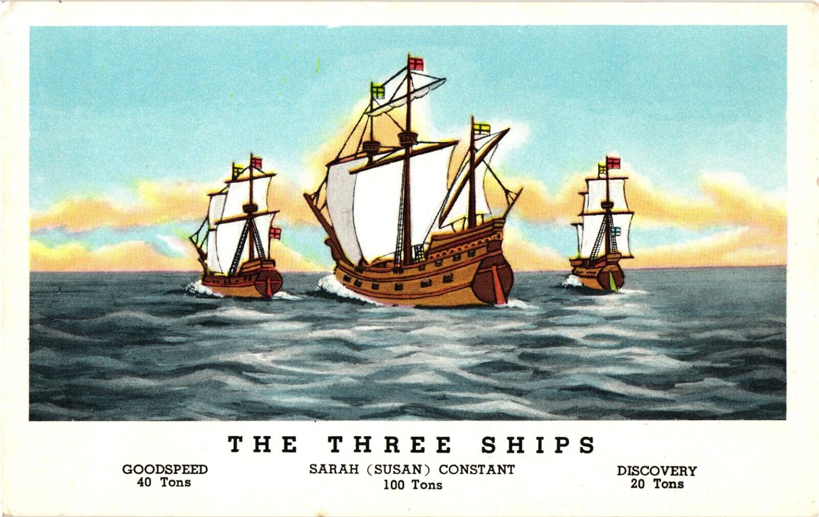 The Three Ships Brought Founders of Nation in 1607 to Jamestown VA Postcard 1947