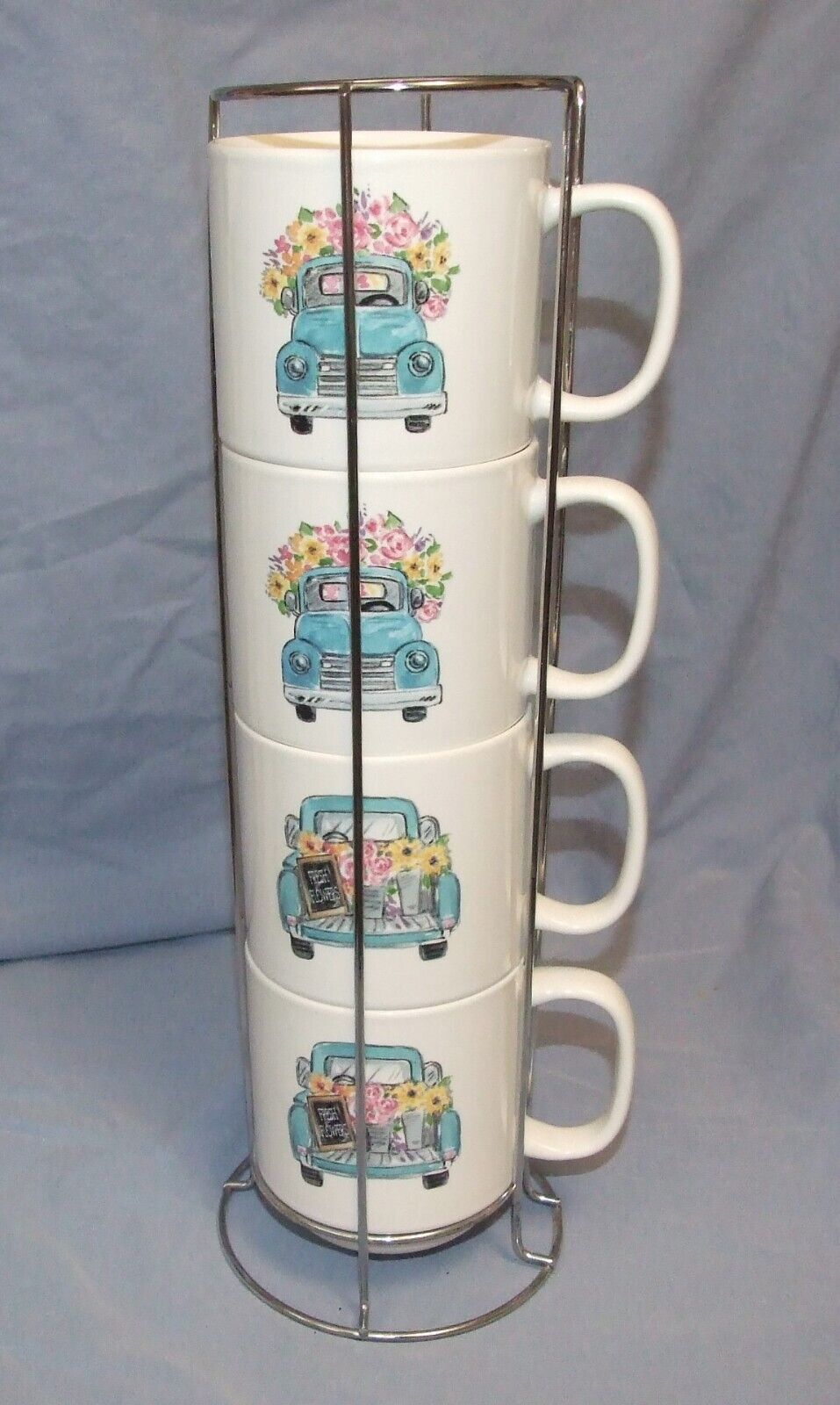Sheffield Home Classic Blue Truck Stackable Stoneware Mugs With Stand - Set of 4