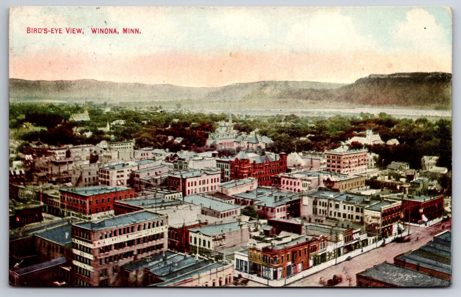 Winona Minnesota~Downtown Birdseye View~Mountains in Background~c1910 Postcard