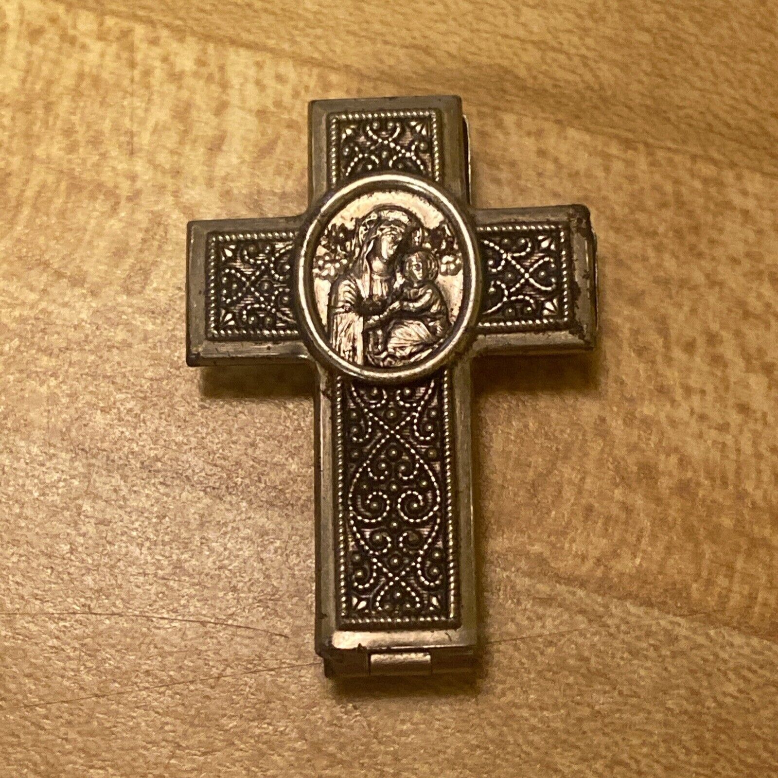 Antique Czech Czechoslovakia Hollow Cross w/ Miniature Rosary Mini Bead Metal