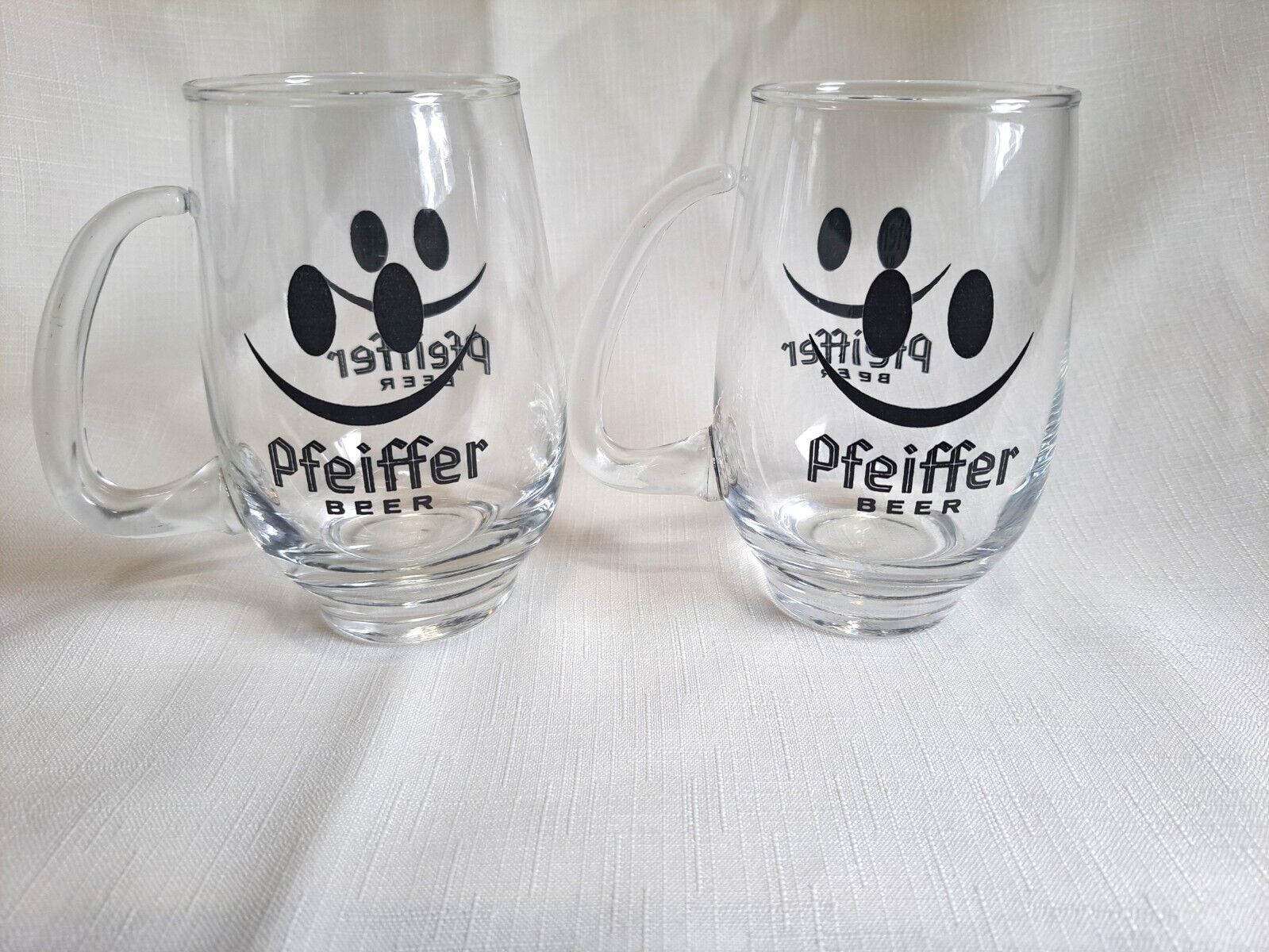 Pair of Vintage Pfeiffer Beer Glasses Smiley Face Cool Handle Unique