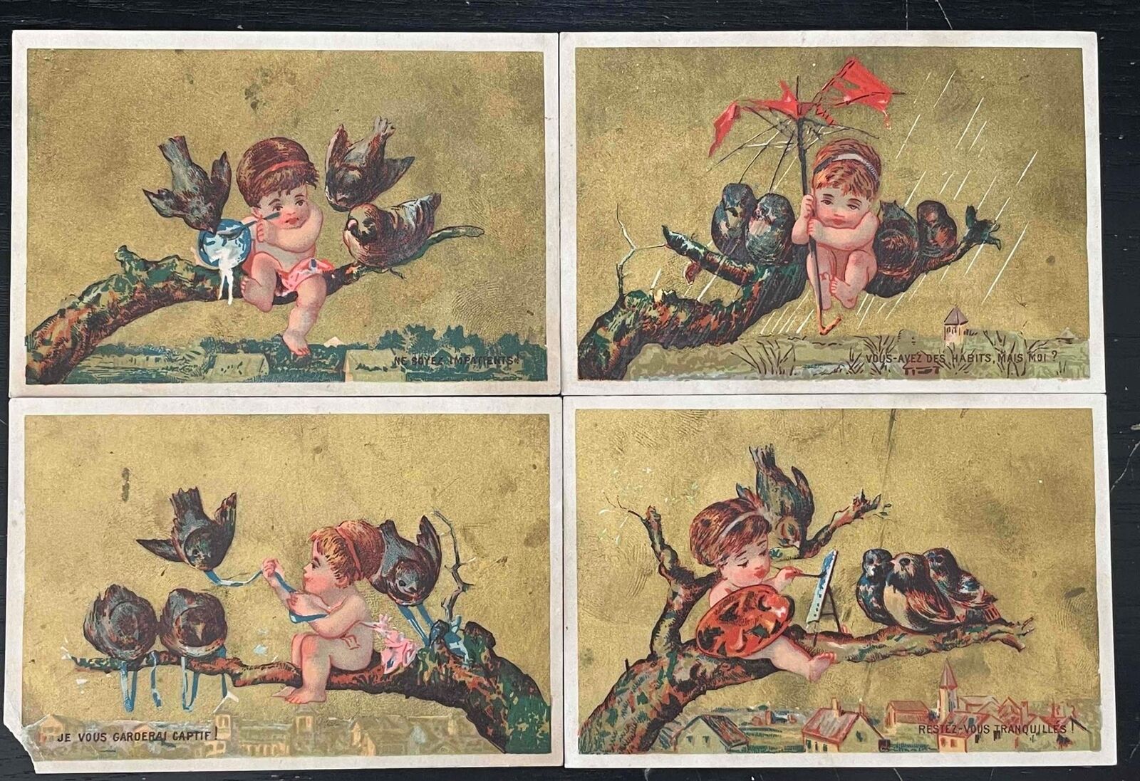 1880's S/4 FRENCH TRADE CARDS*CHILD ON BRANCH w/BIRDS*UMBRELLA*ARTIST PALETTE