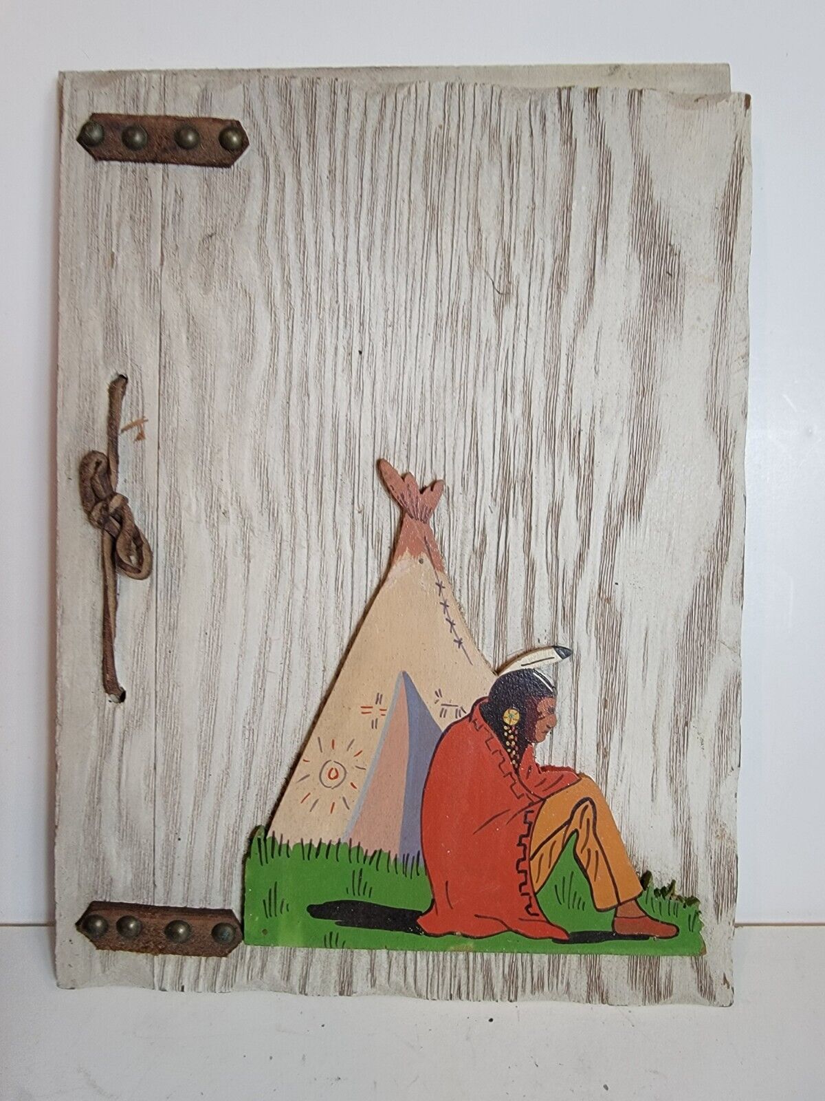 Vintage Antique Scrapbook Native American Wooden Leather Bound Artwork Art Rare
