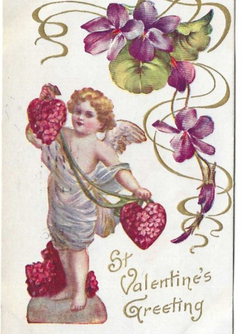 Valentine Cupid With Floral Hearts and Purple Flowers Embossed  pc2087