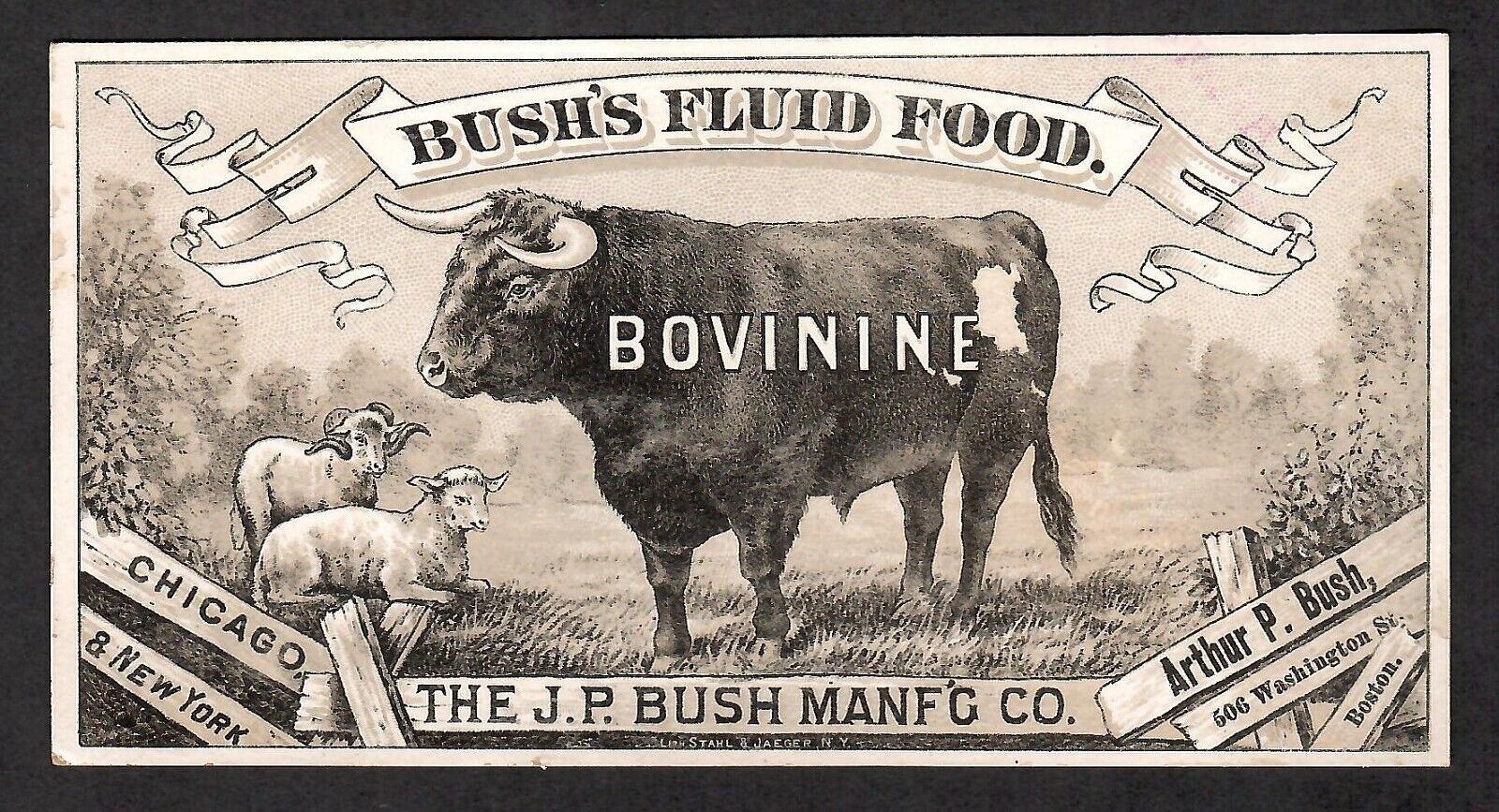VICTORIAN TRADE CARD ~BOVININE~BUSH'S FLUID FOOD ~STAHL & JAEGER, LITHOGRAPHER
