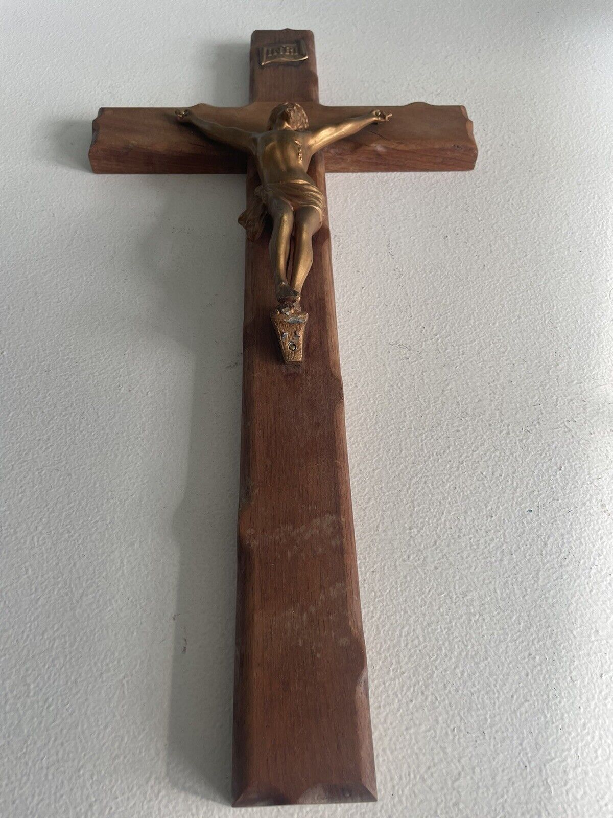 Vintage Large 20” Wall Hanging Crucifix INRI Wood/Metal Yeshua On Cross + Scroll