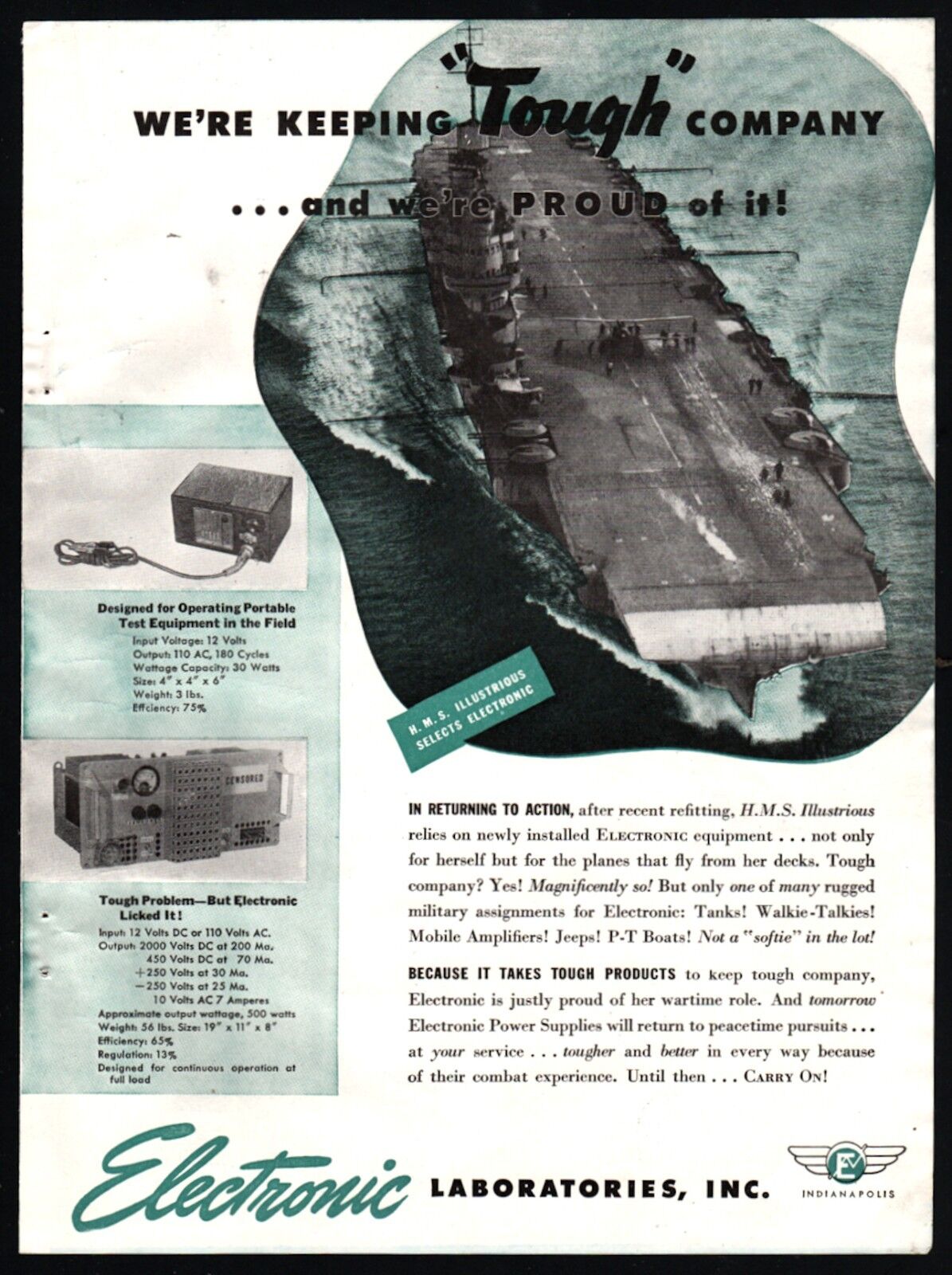 1943 WWII H.M.S. ILLUSTRIOUS British Aircraft Carrier Electronic Labs AD