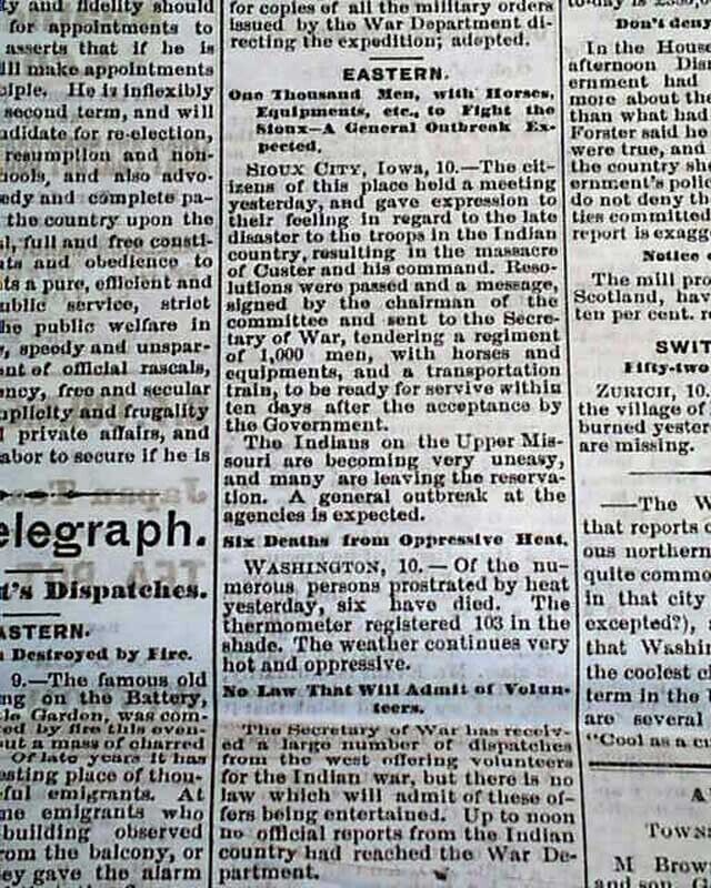 re. CUSTER\'S MASSACRE Last Stand Battle of Little Bighorn INDIANS 1876 Newspaper