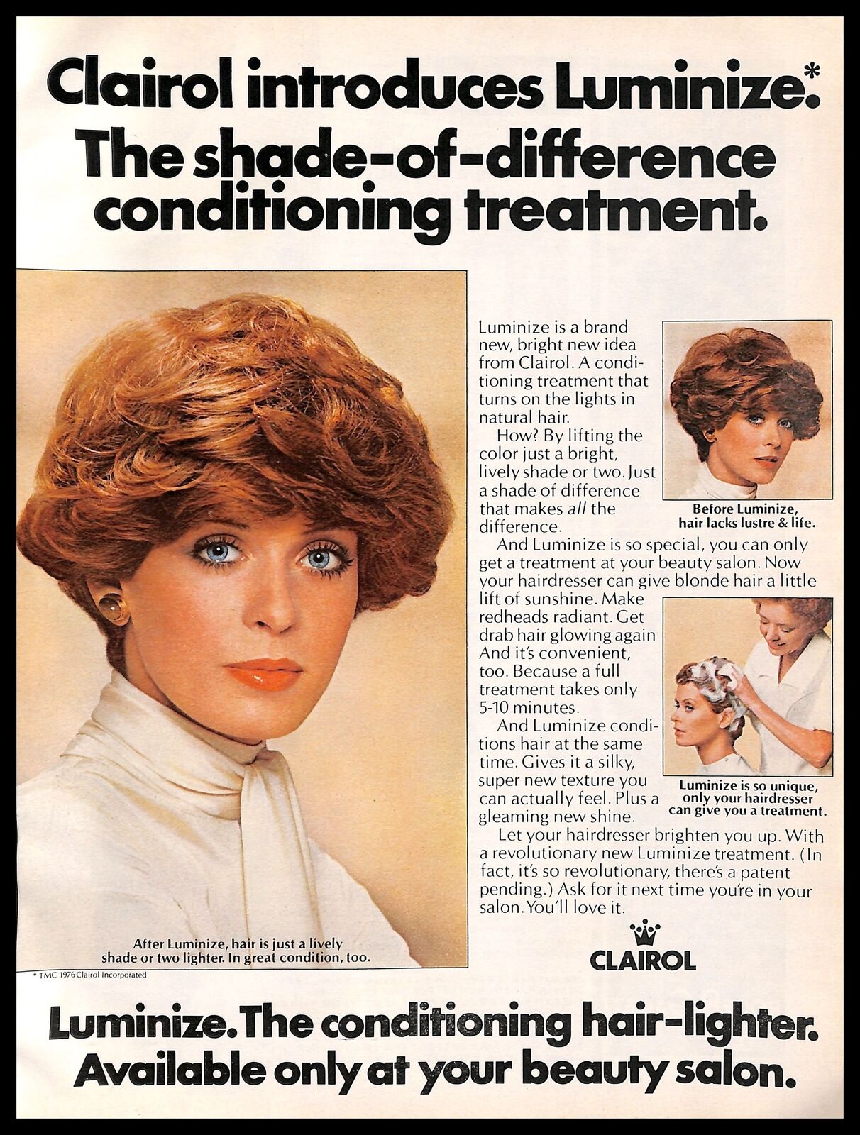 1976 Clairol Luminize Hair Treatment Vintage PRINT AD Hair Care Products 1970s