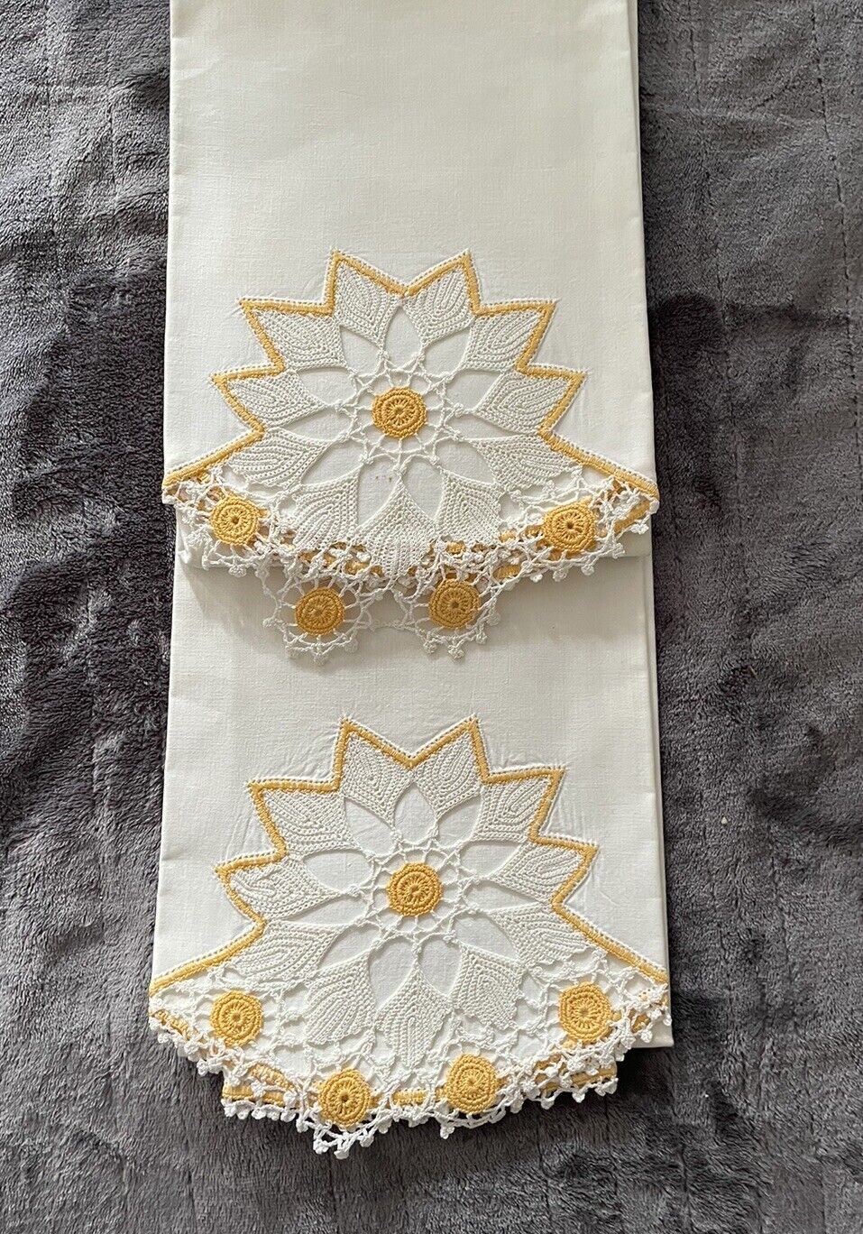 Vintage Pair Of Pillowcases With Lovely Crochet Medallions