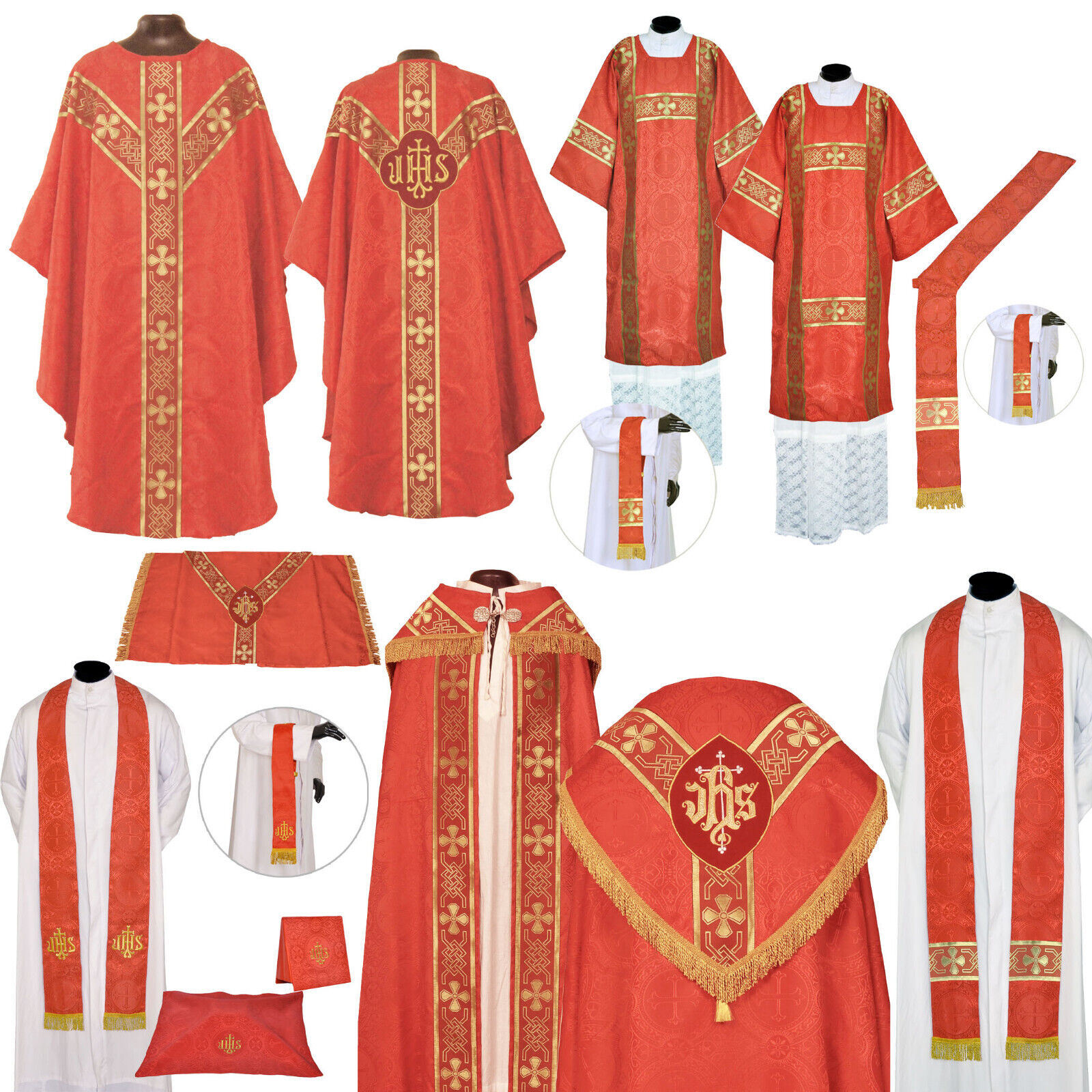 Gothic Red Solemn High Mass Set, New, Chasuble, Dalmatic, Tunicle, Cope, Veil